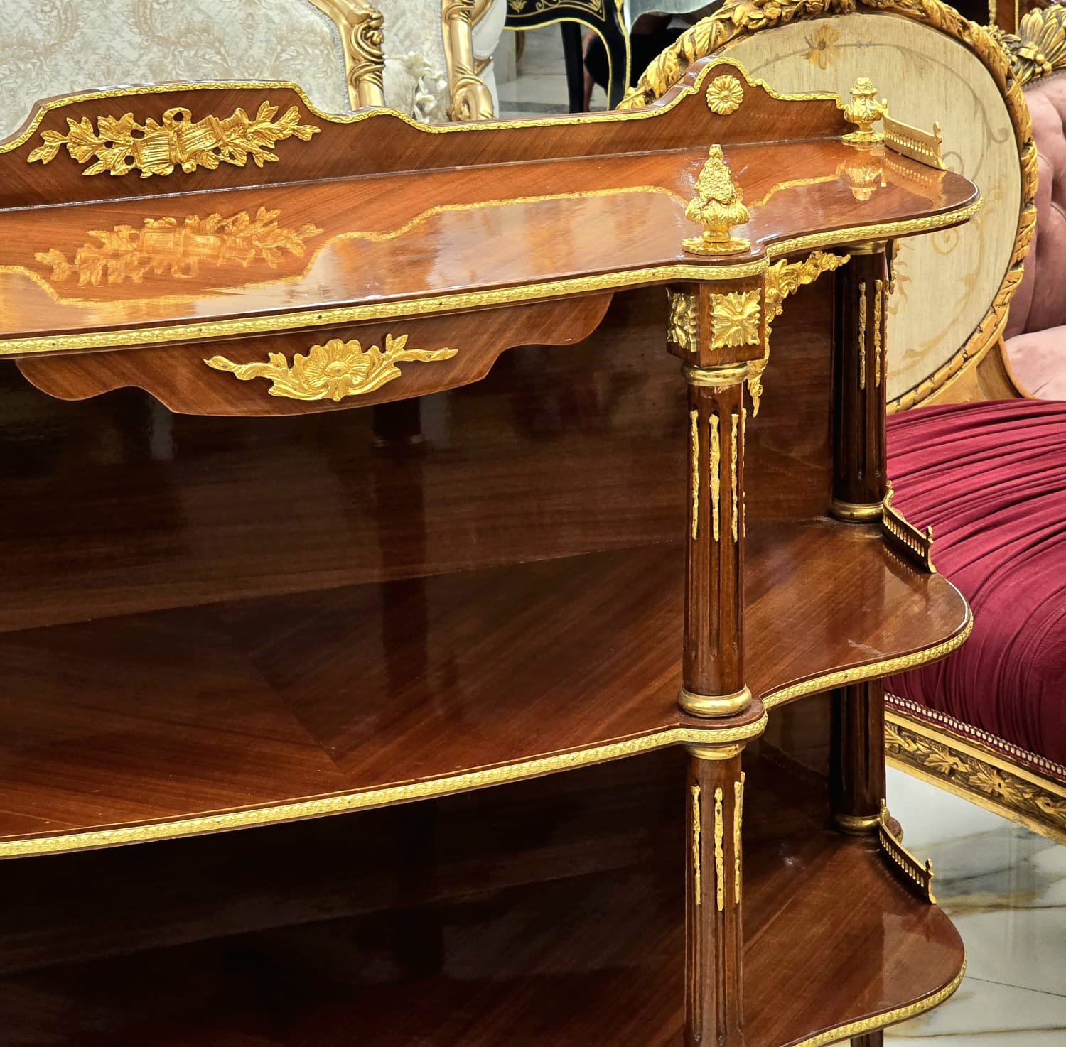 Luxury French Open Console Table with Hand-Gilded Gold Leaf Details & Solid Wood Shelving