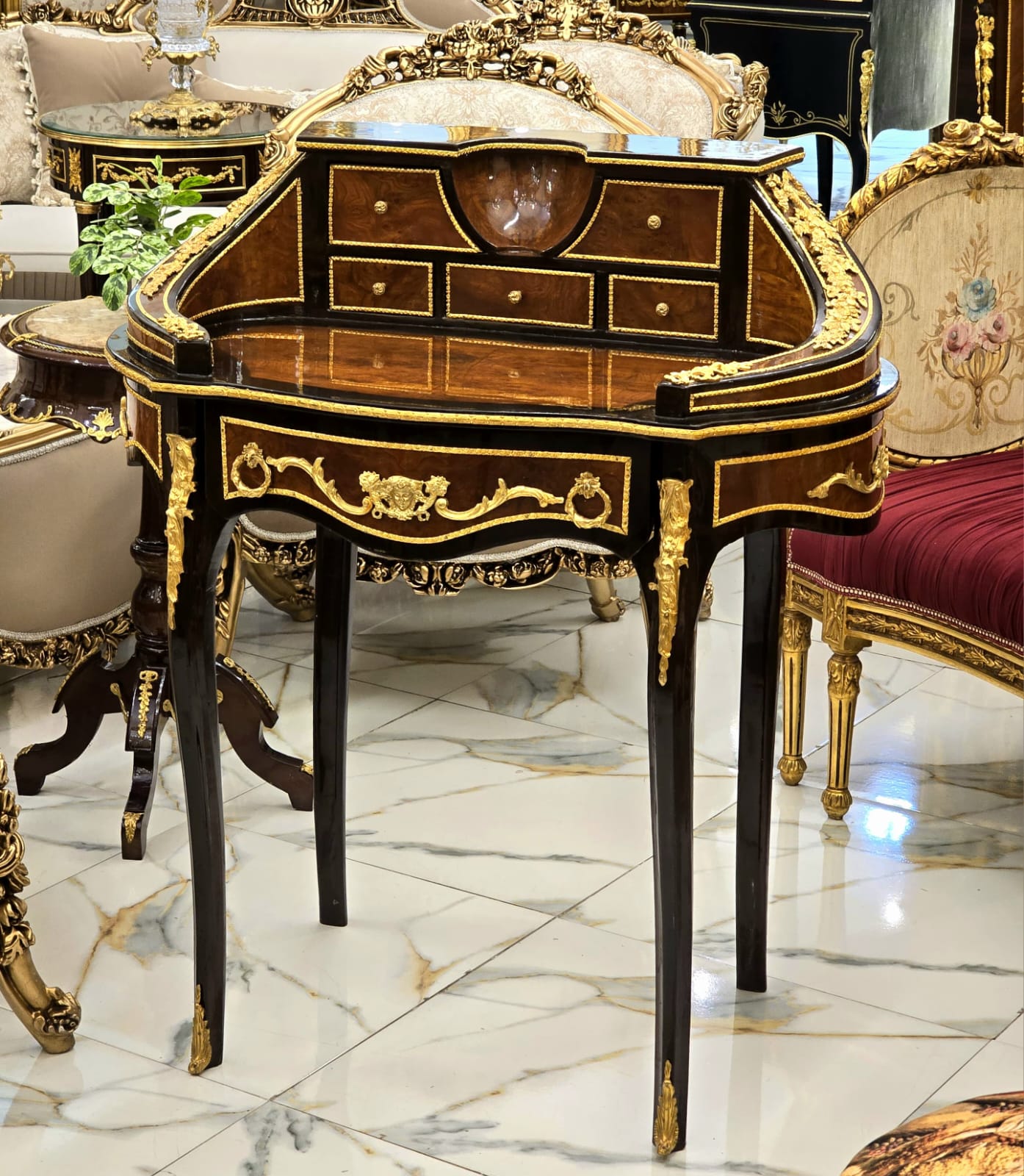 French Louis XVI Ladies Writing Desk with 6 Drawers, Gallery Rail & Bronze Mounts