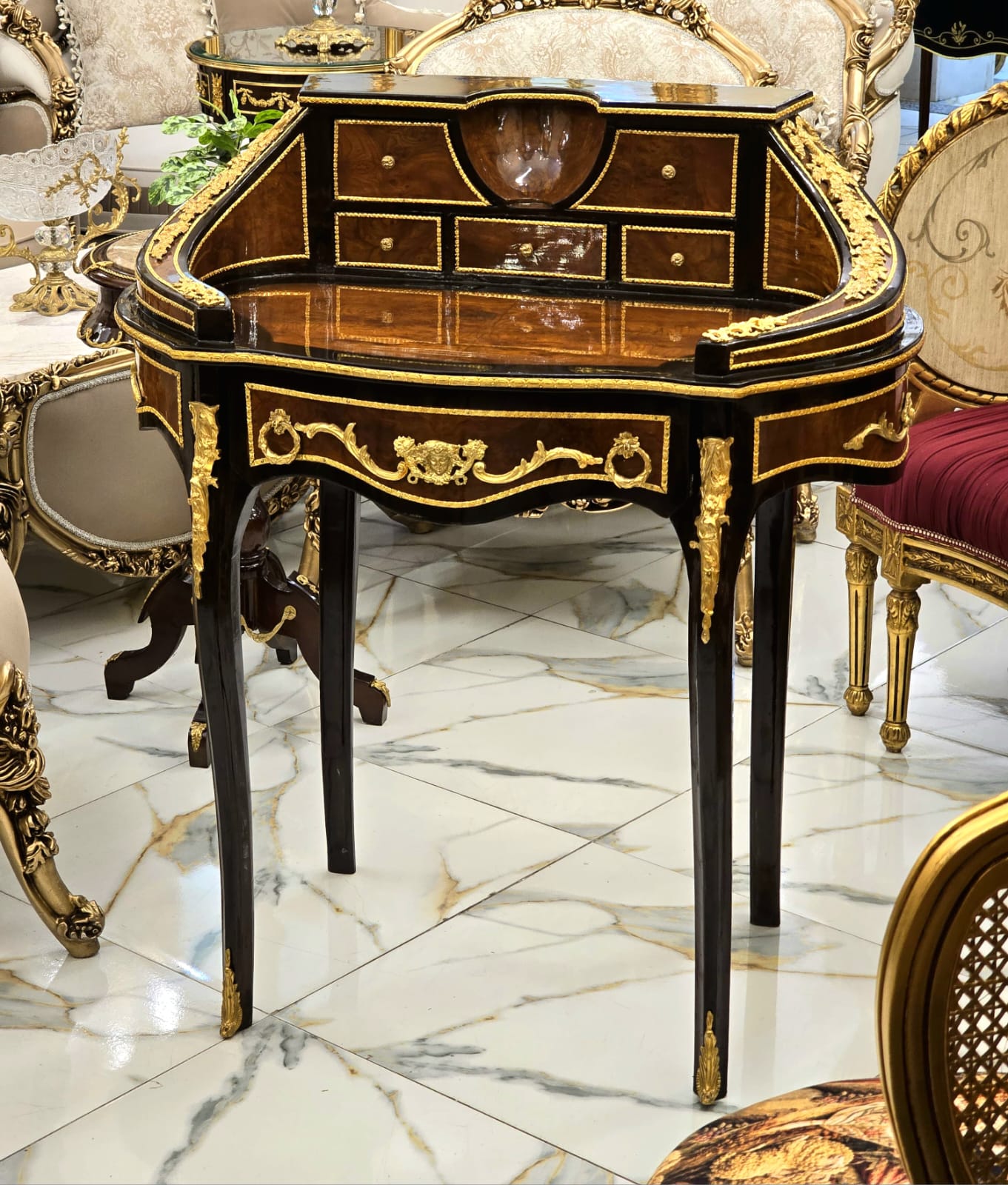 French Louis XVI Ladies Writing Desk with 6 Drawers, Gallery Rail & Bronze Mounts