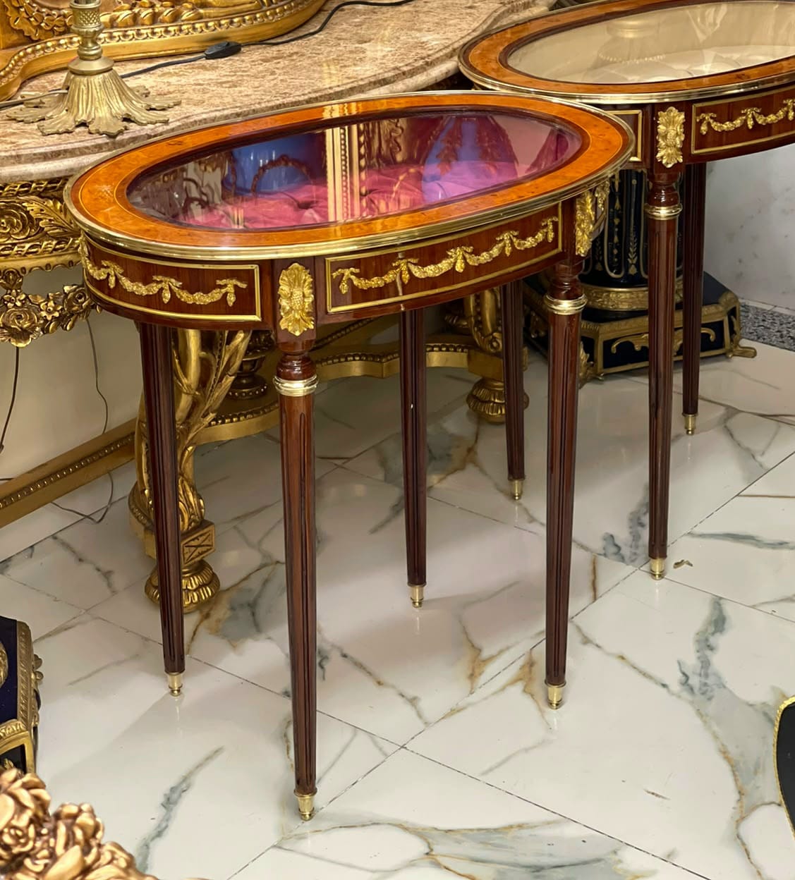 Elegant French Louis XVI Display Accent Table with Glass Top & Velvet Interior