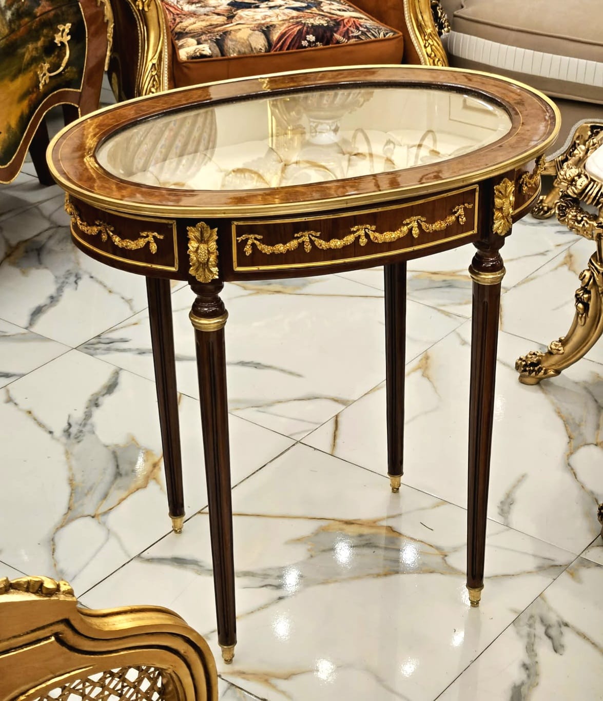 French Louis XVI Oval Display Side Table with Glass Top, Velvet-Lined Interior & Hand-Gilded Gold Leaf Details