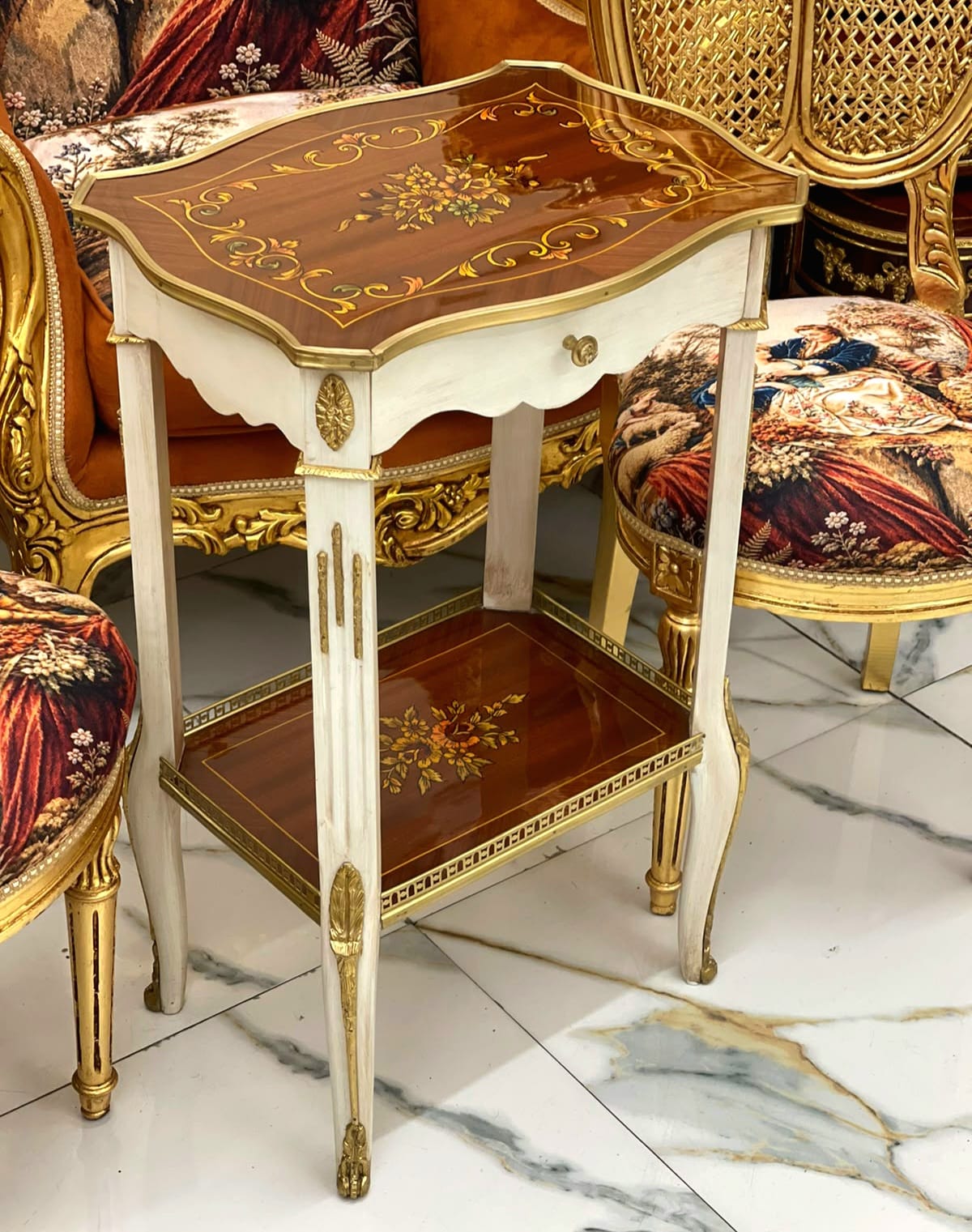 French Louis XVI Accent Side Table with Floral Marquetry, Lower Display Shelf & Hand-Gilded Gold Leaf Details