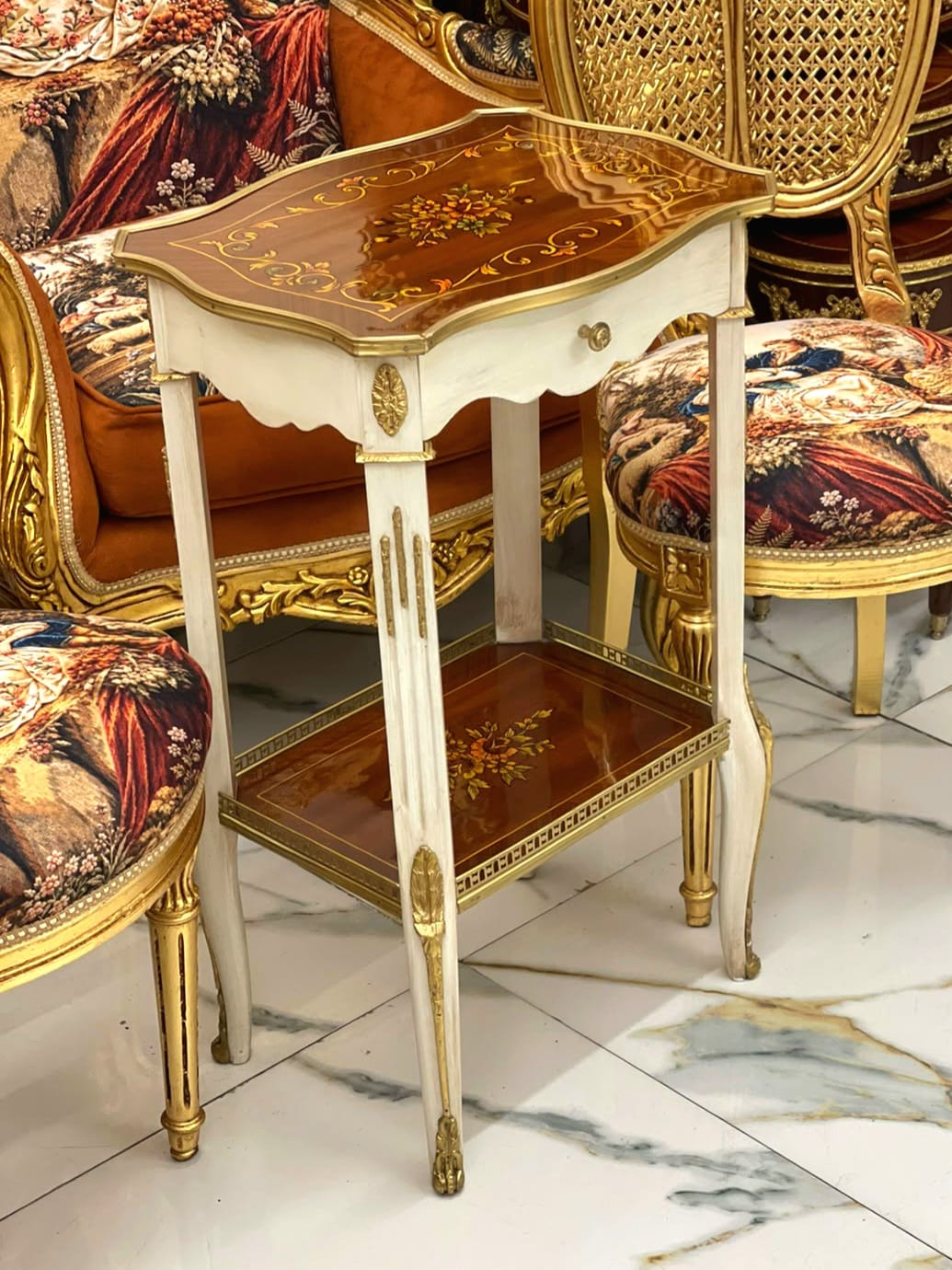 French Louis XVI Accent Side Table with Floral Marquetry, Lower Display Shelf & Hand-Gilded Gold Leaf Details