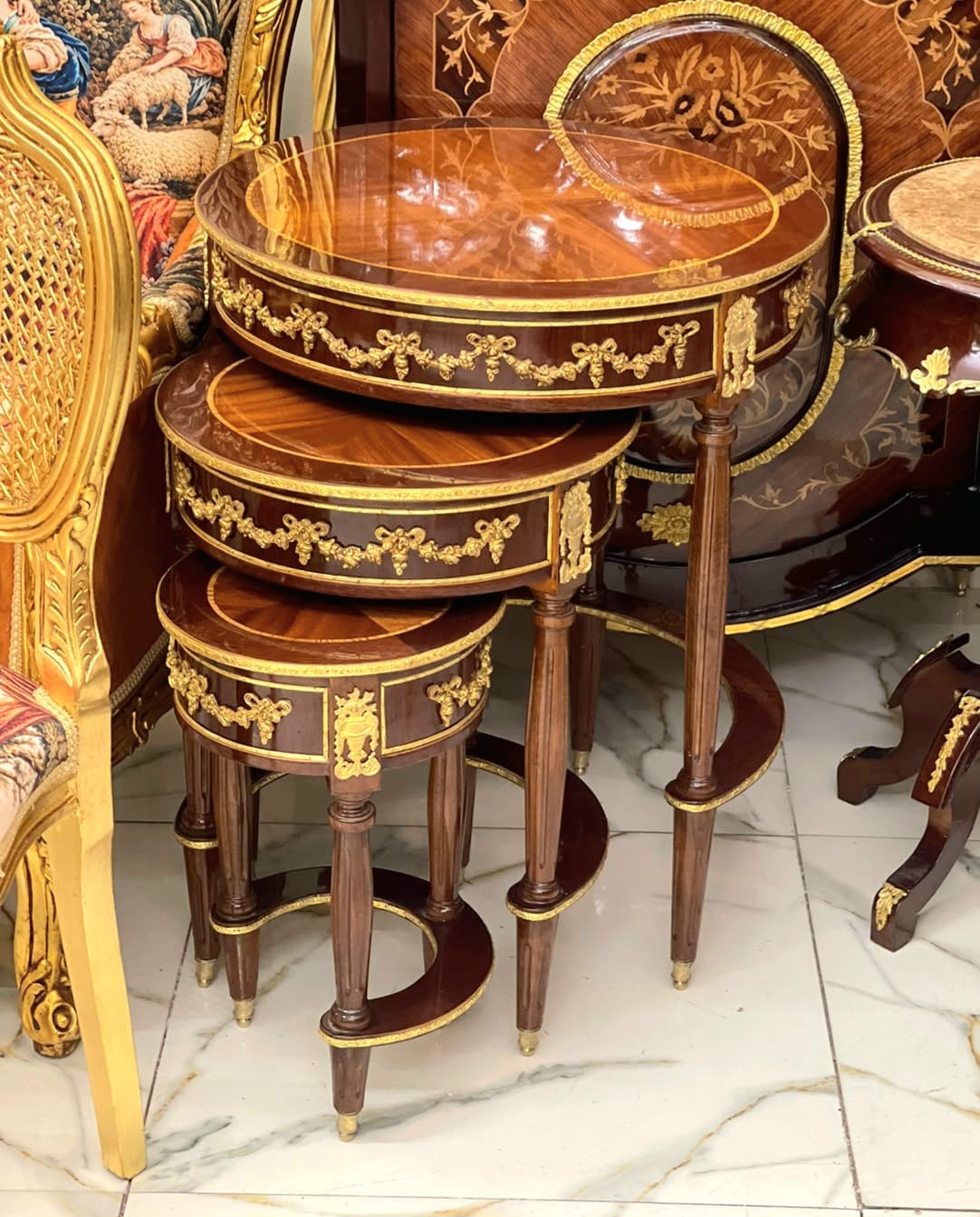 Elegant French Nesting Accent Tables – Set of 3 with Hand-Gilded Gold Leaf Finish
