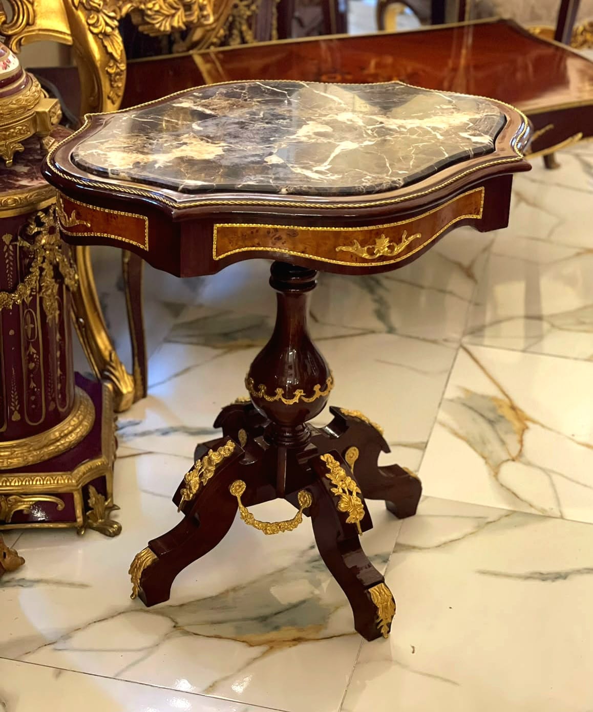 Round French Occasional Table with Gold Leaf Details & Elegant Hardwood Frame