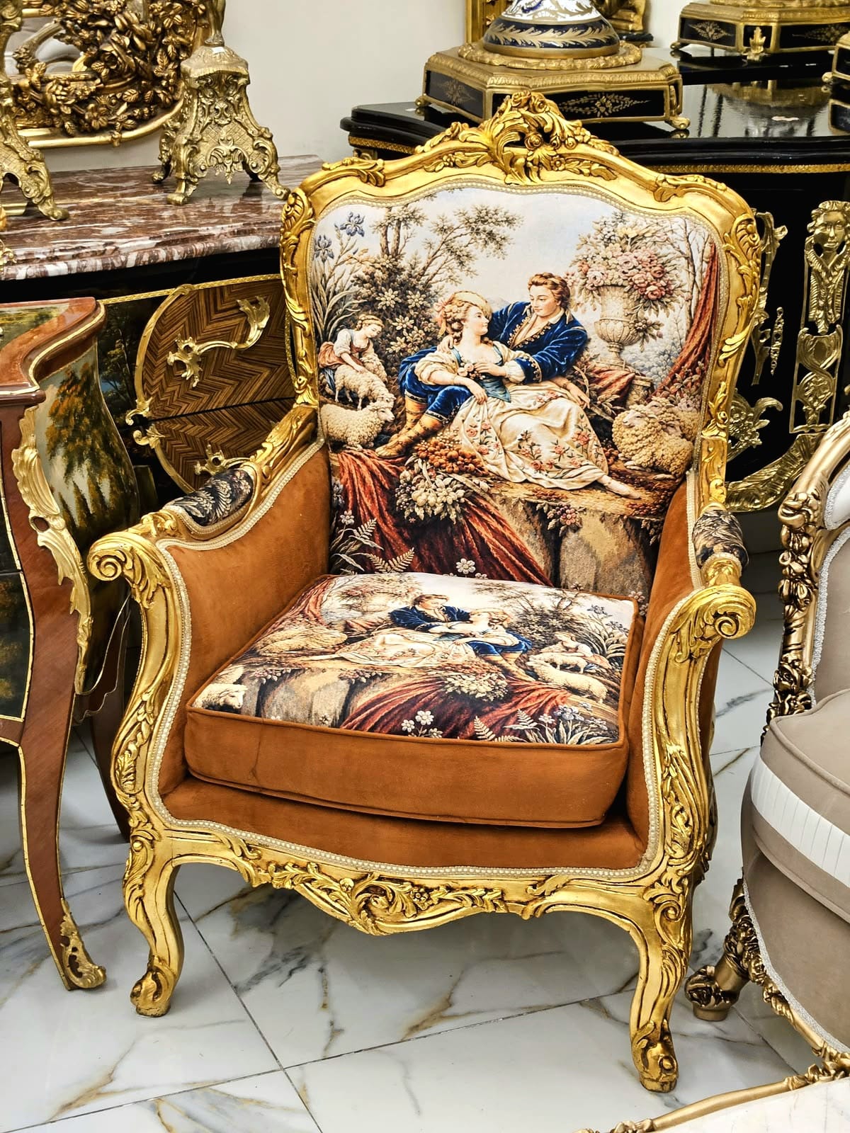 Luxury French Louis XV Bergère Chair with Romantic Tapestry Upholstery, Velvet Panels & Hand-Gilded Gold Leaf Frame