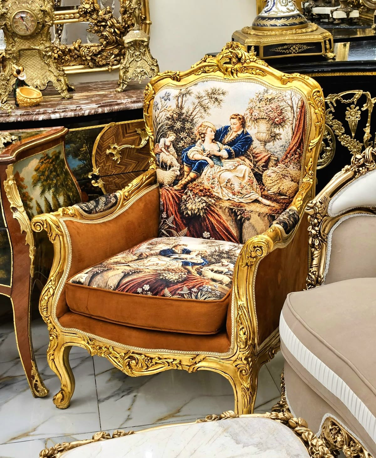 Luxury French Louis XV Bergère Chair with Romantic Tapestry Upholstery, Velvet Panels & Hand-Gilded Gold Leaf Frame