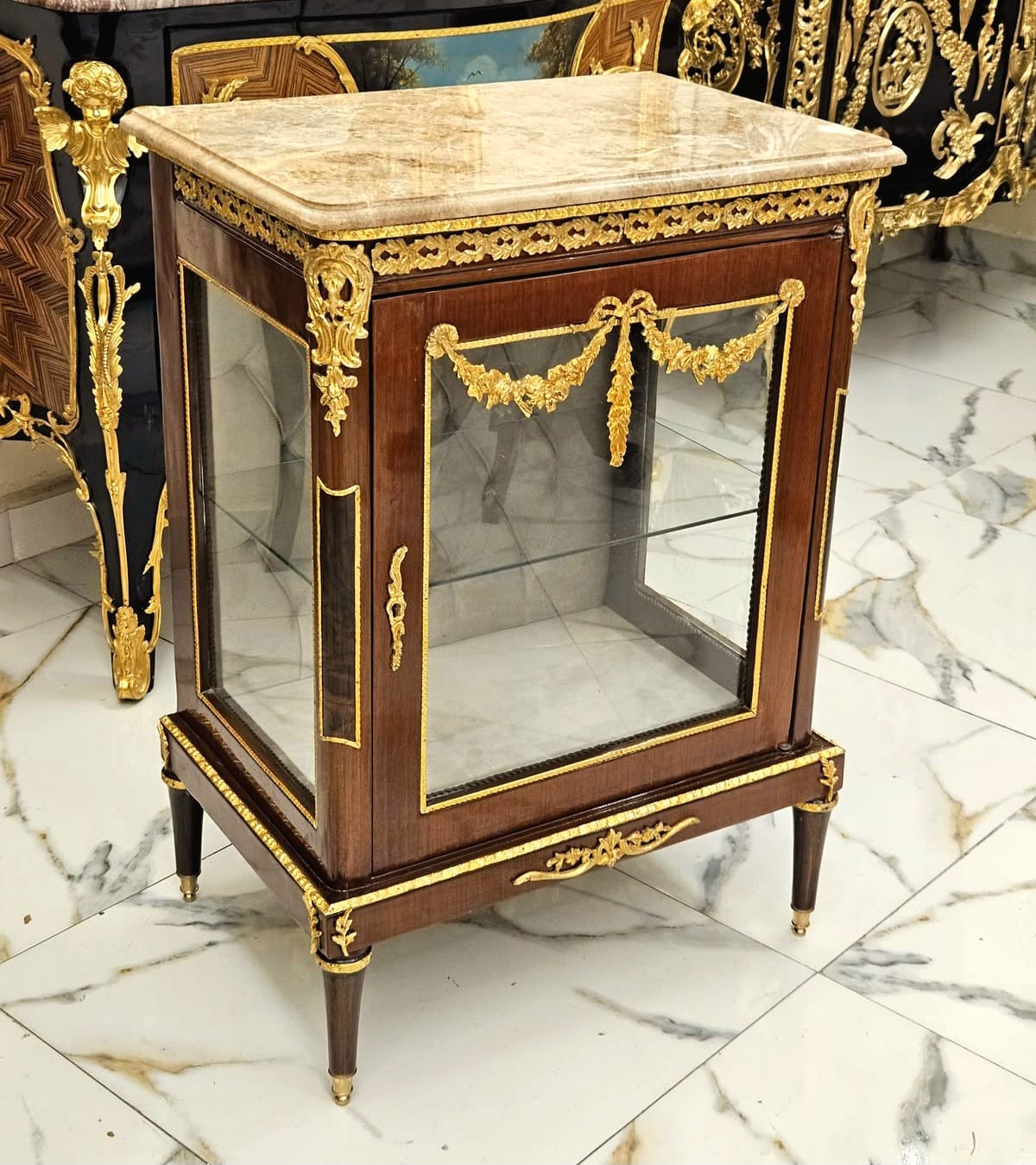 Royal French Display Nightstand – Marble Top, Glass Door & Gold Leaf Accents