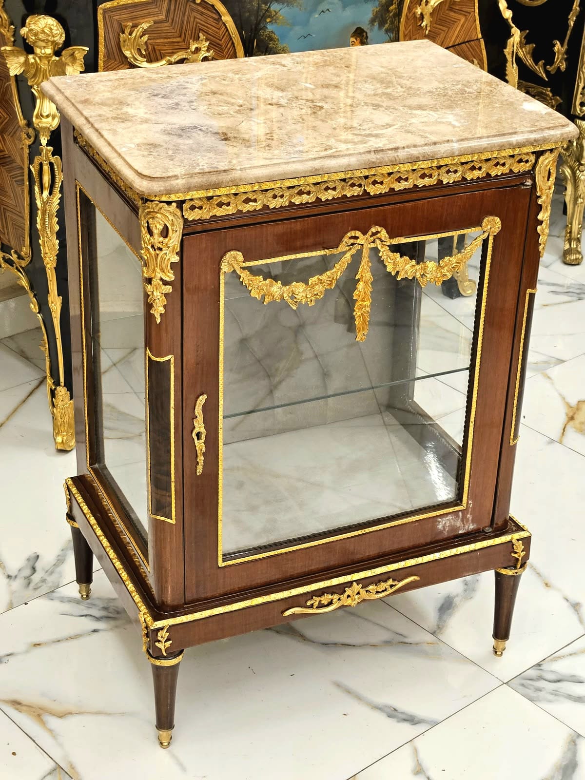 Royal French Display Nightstand – Marble Top, Glass Door & Gold Leaf Accents