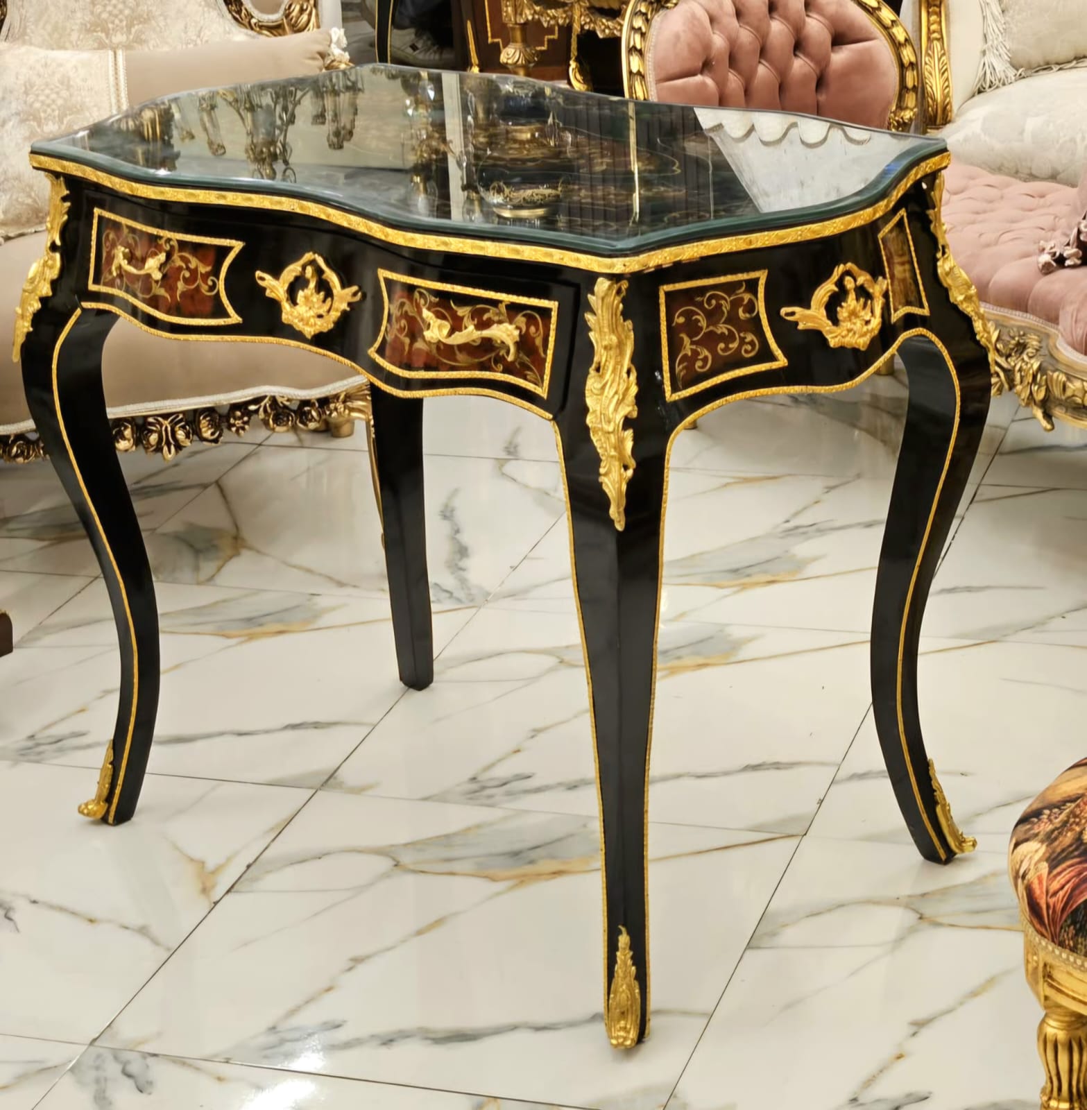 Palace Collection Writing Desk – Hand-Inlaid Marquetry, Glass Top & Louis XV Elegance