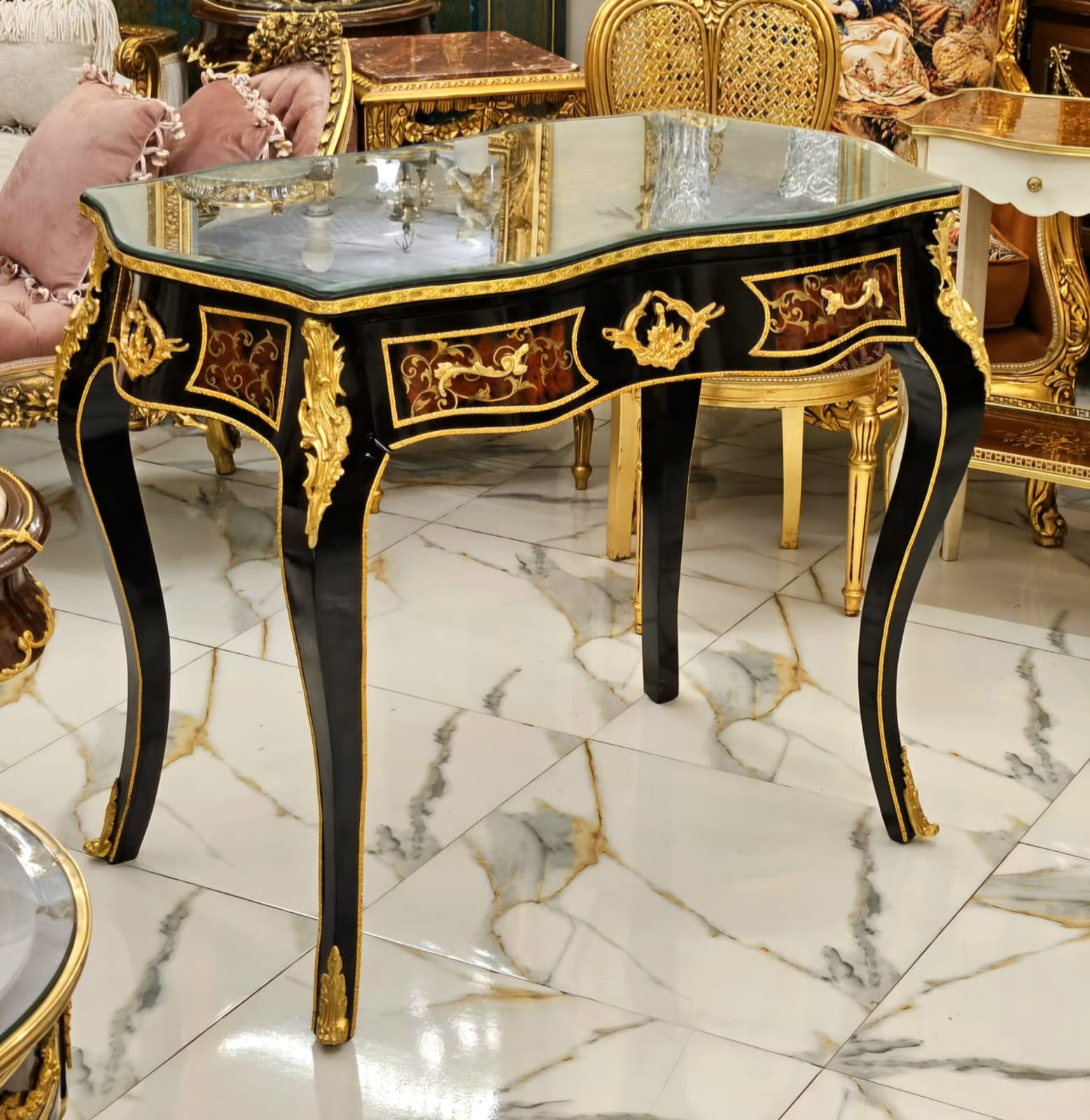Palace Collection Writing Desk – Hand-Inlaid Marquetry, Glass Top & Louis XV Elegance
