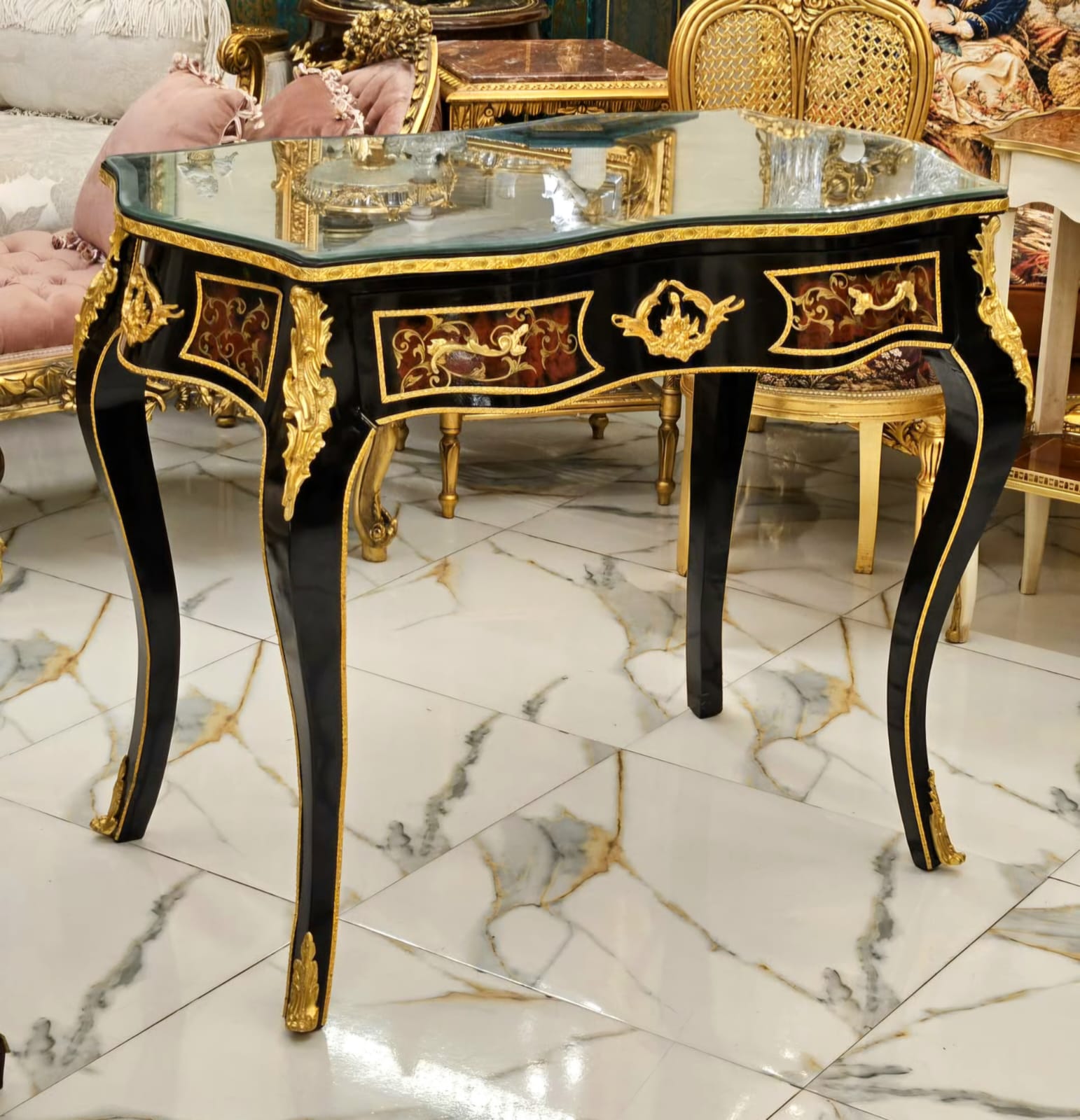 Palace Collection Writing Desk – Hand-Inlaid Marquetry, Glass Top & Louis XV Elegance