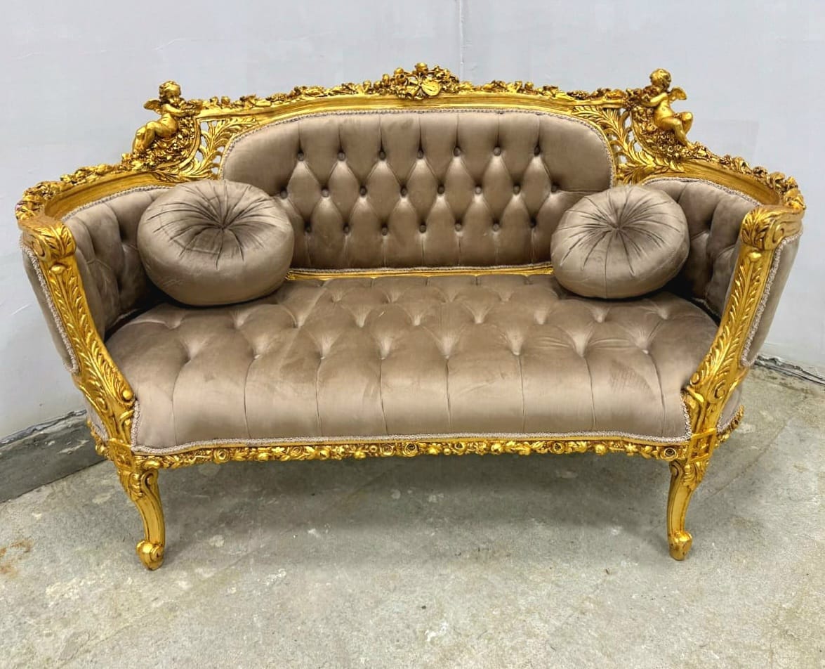 Royal Versailles Tufted Velvet Sofa – Hand-Gilded Gold Leaf Frame with Cherub Details & Luxe Beige Velvet