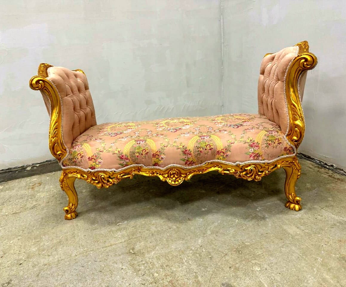 Versailles Garden Bench – Hand-Gilded Rococo Frame with Blush Pink Floral Damask Upholstery
