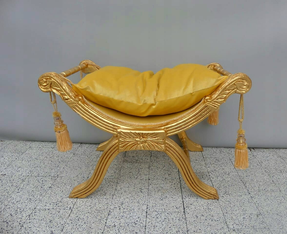 The Versailles Gold Leaf Vanity Bench – Yellow Damask Cushion & Handcrafted Elegance