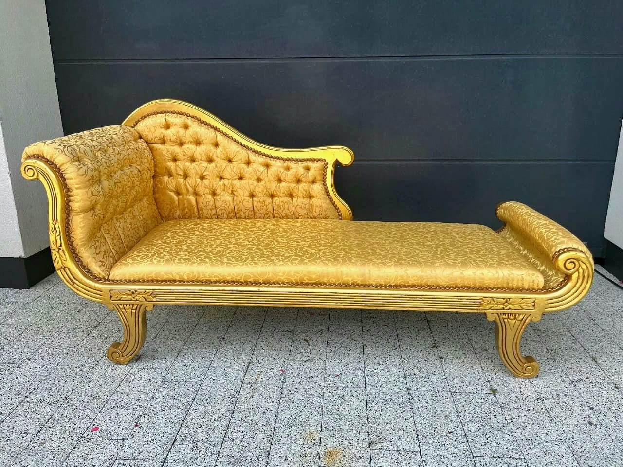 French Tufted Chaise Lounge with Damask Upholstery & Hand-Gilded Gold Leaf Frame