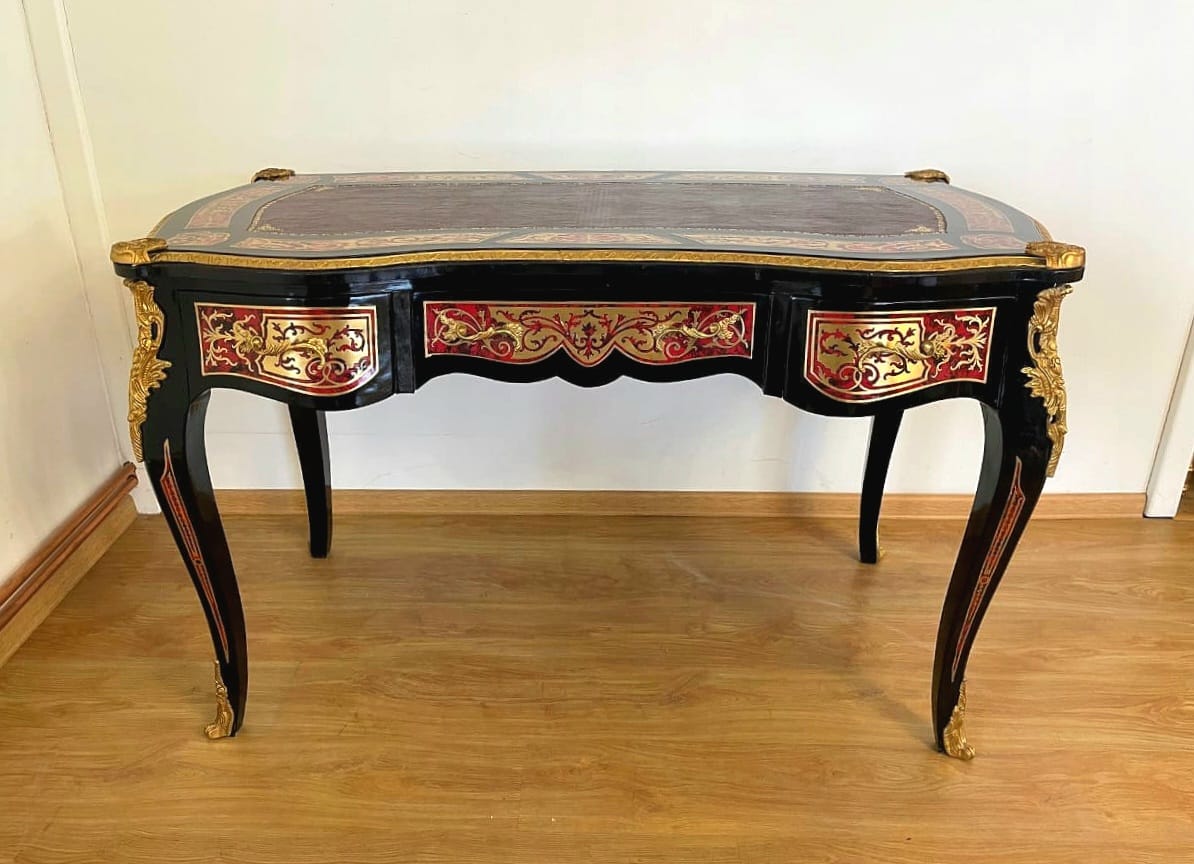 Luxury French Executive Desk with Gold Leaf Details, Three Drawers & Ornate Black Finish