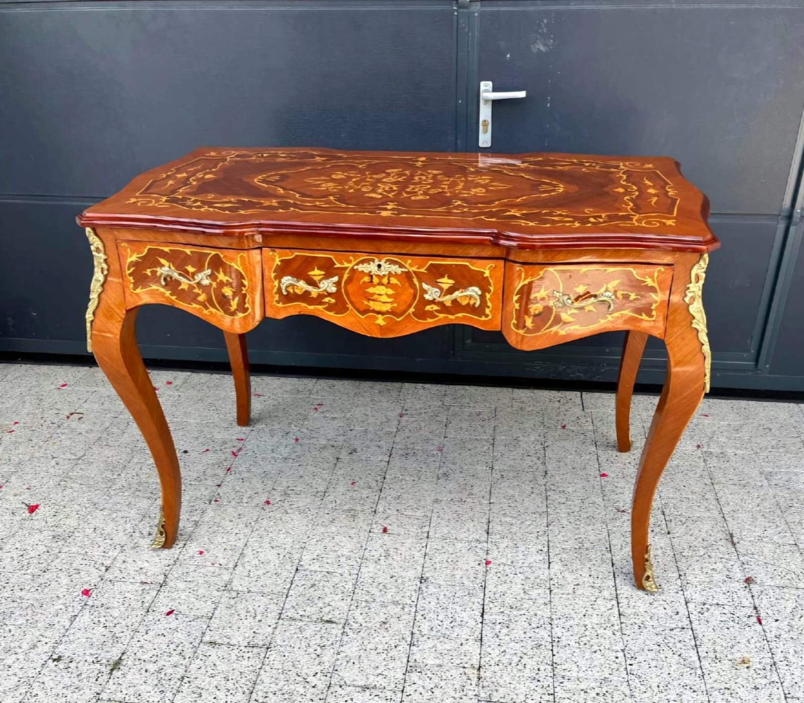 French Style Writing Desk with Hand-Gilded Gold Leaf & Rich Brown Wood Finish