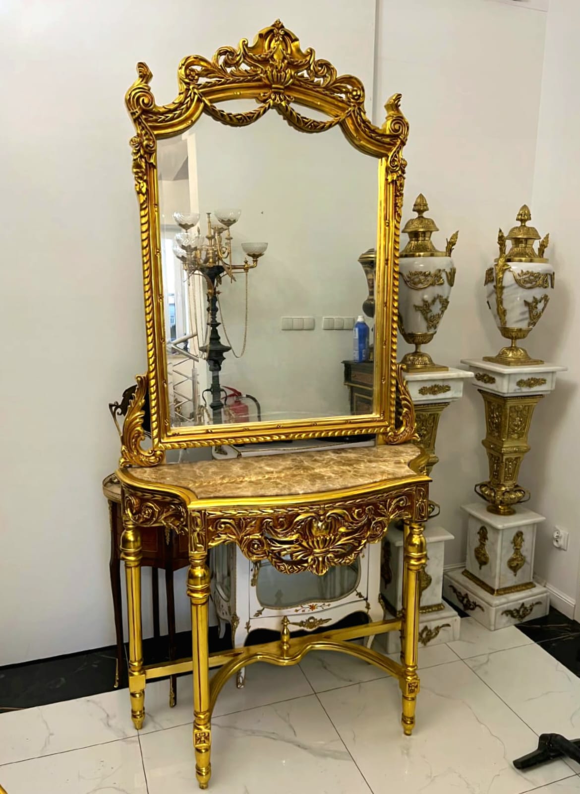 Luxury French Gold Leaf Console Table with Marble Top & Ornate Matching Mirror Set
