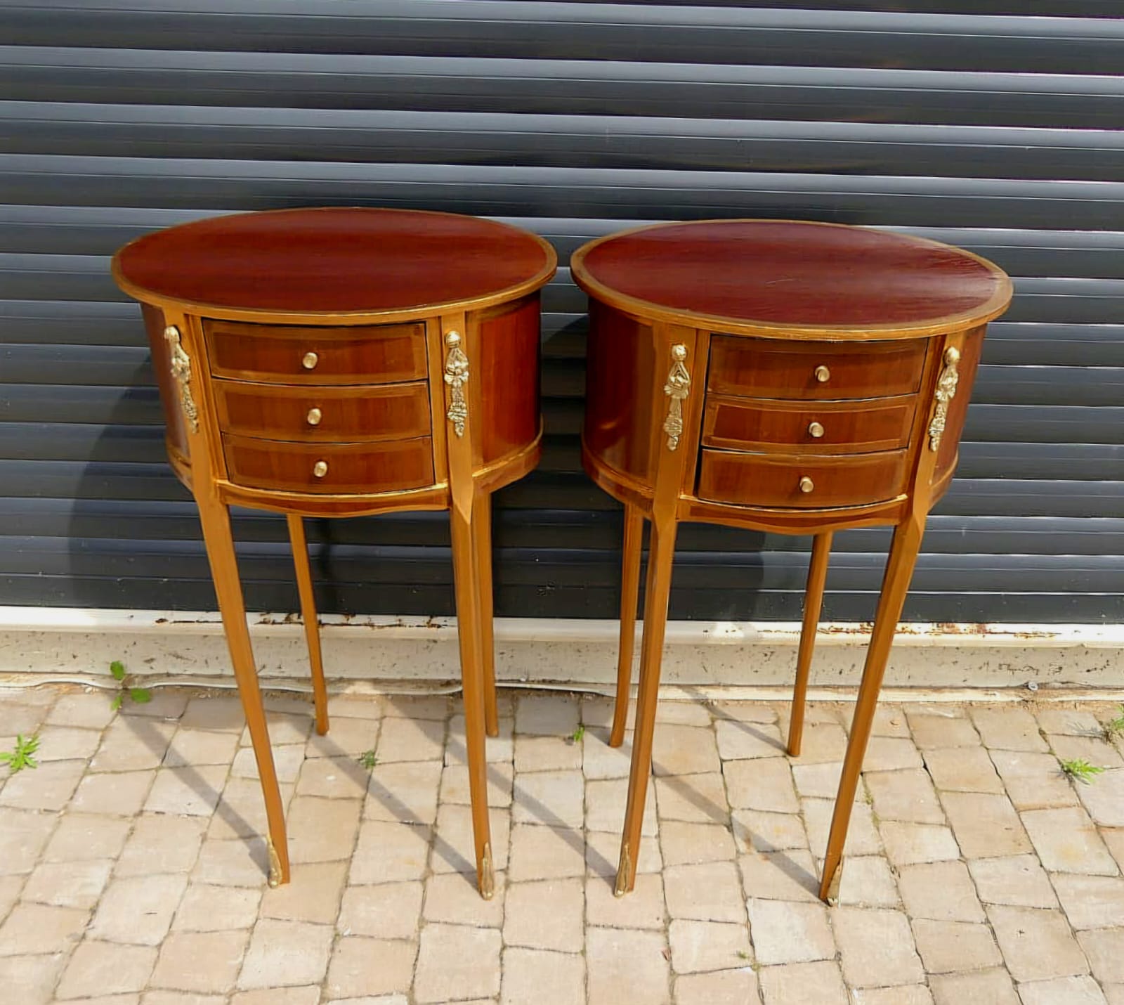 Handcrafted French Louis XVI Round Wood Side Table with Gold Leaf & Three Drawers