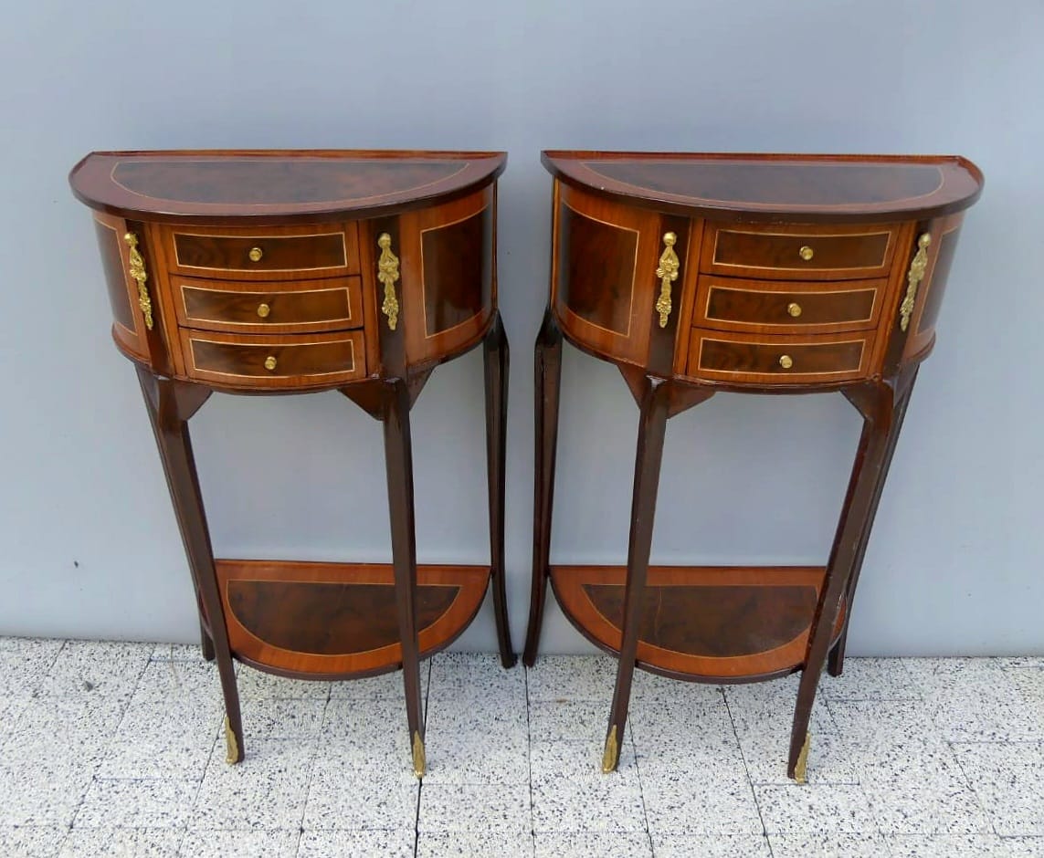 French Louis XVI Demi-Lune Side Table with 3 Drawers, Lower Shelf & Hand-Gilded Gold Leaf Details