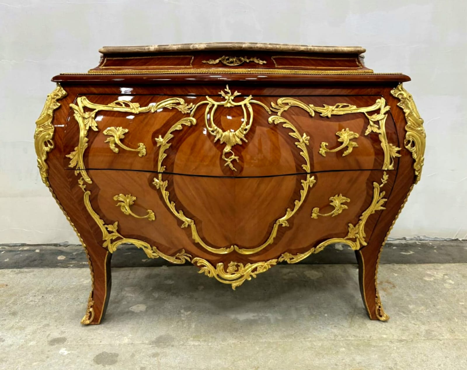 Grand French Rococo Marble Top Dresser with Ornate Carved Wood & Gold Leaf