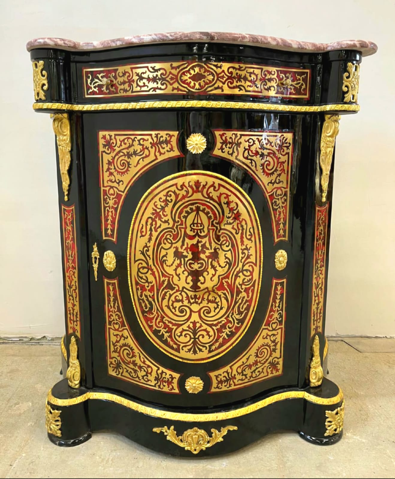 Grand Gothic Revival Display Cabinet with Marble Top, Hand-Gilded Gold Leaf & Ornate Black Finish