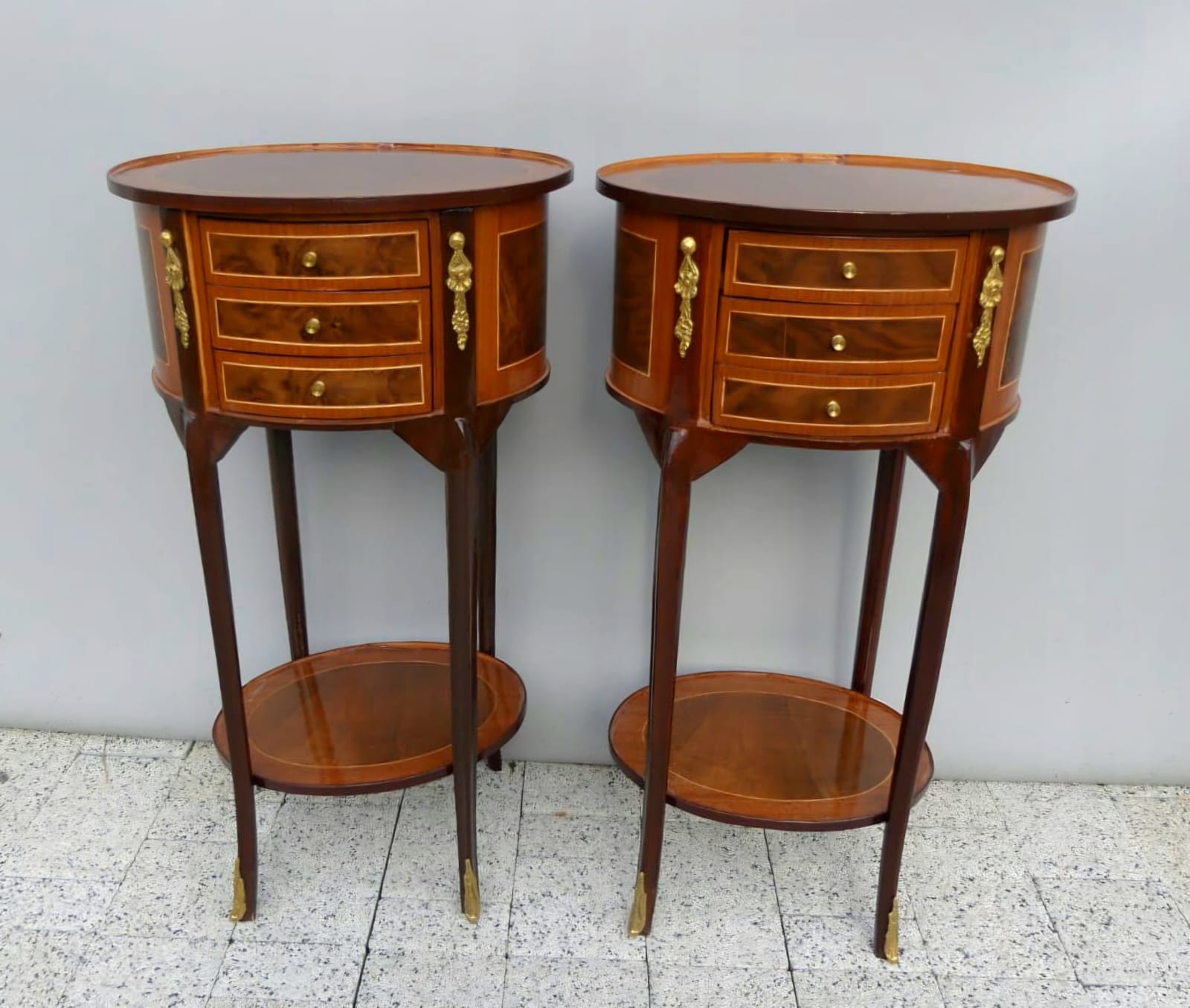 French Louis XVI Round Side Table with 3 Drawers, Lower Shelf & Hand-Gilded Gold Leaf Details
