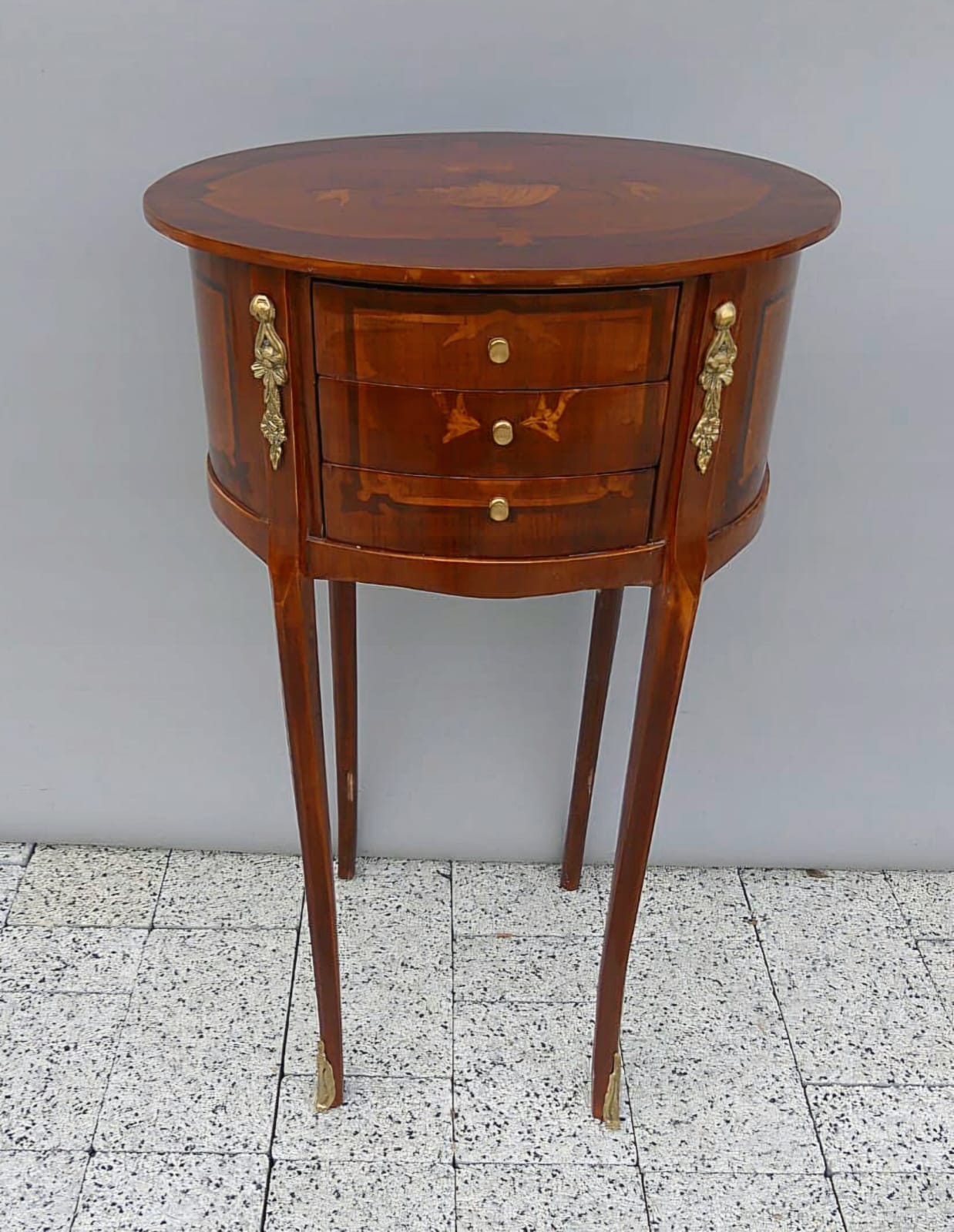 Classic French Louis XVI Round Side Table with 3 Storage Drawers & Gilded Accents