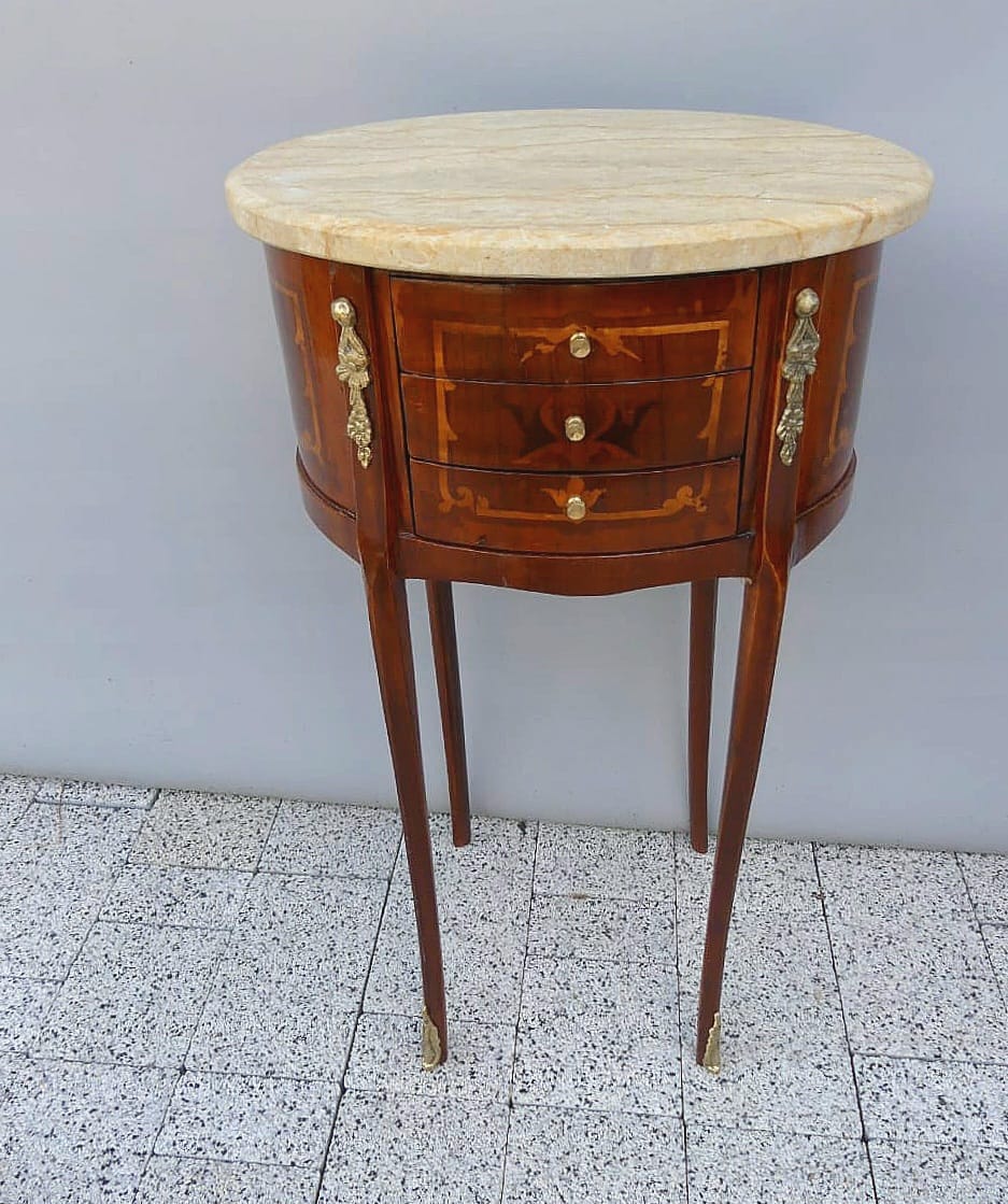 French Louis XVI Round Marble Top Side Table with 3 Drawers, Solid Wood & Hand-Gilded Gold Leaf Details