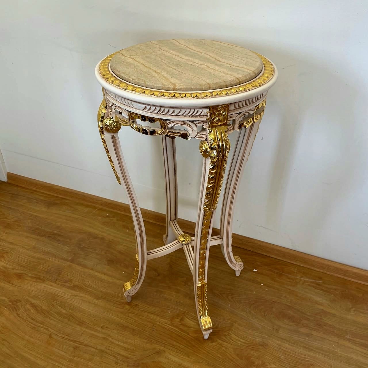 French Louis XVI Marble Top Pedestal Side Table with Hand-Carved Wood Frame & Gold Leaf Accents