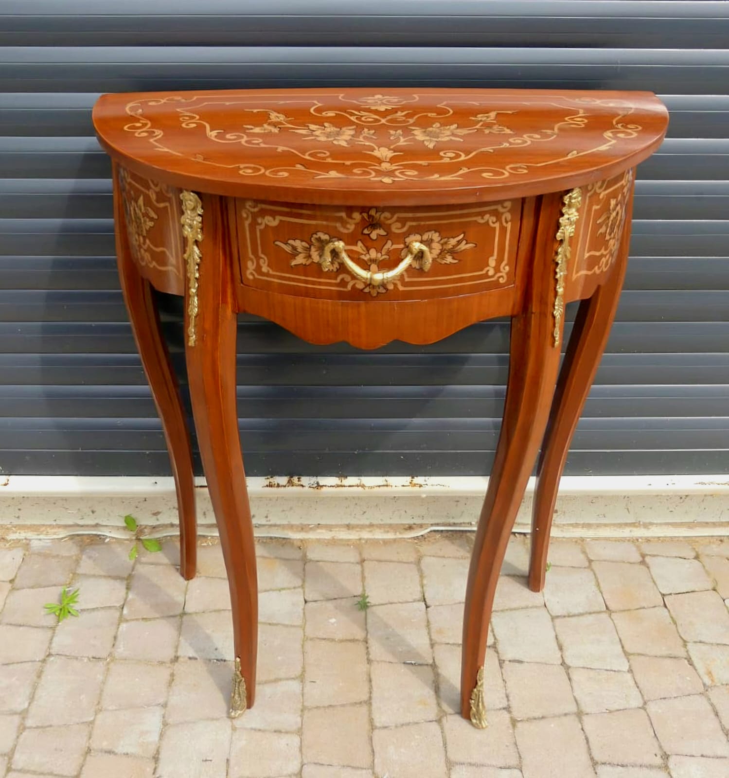 French Demi-Lune Accent Side Table with Marquetry Inlay, Brass Hardware & Gold Leaf Details
