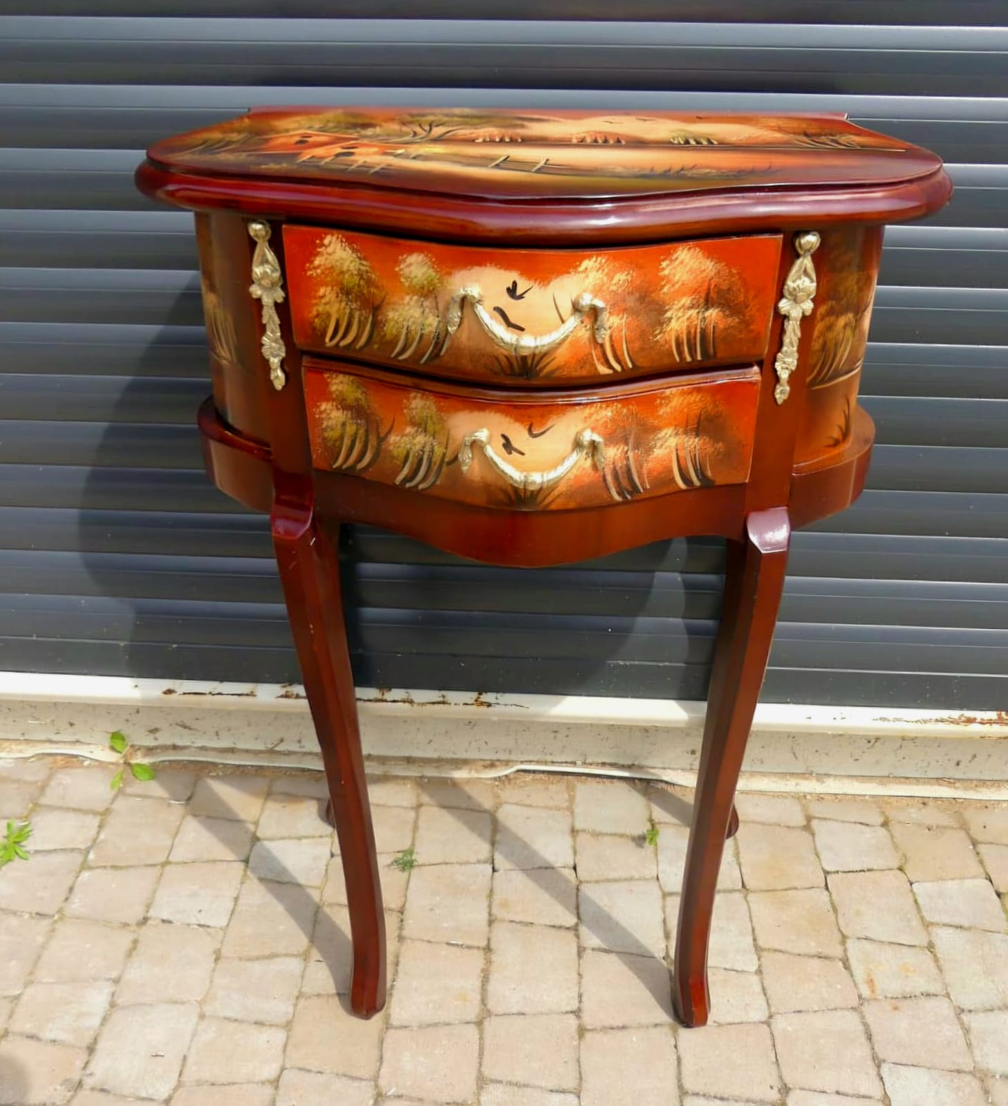 Hand-Painted Accent Side Table with Two Drawers – Solid Wood Nightstand in Scenic Landscape Design