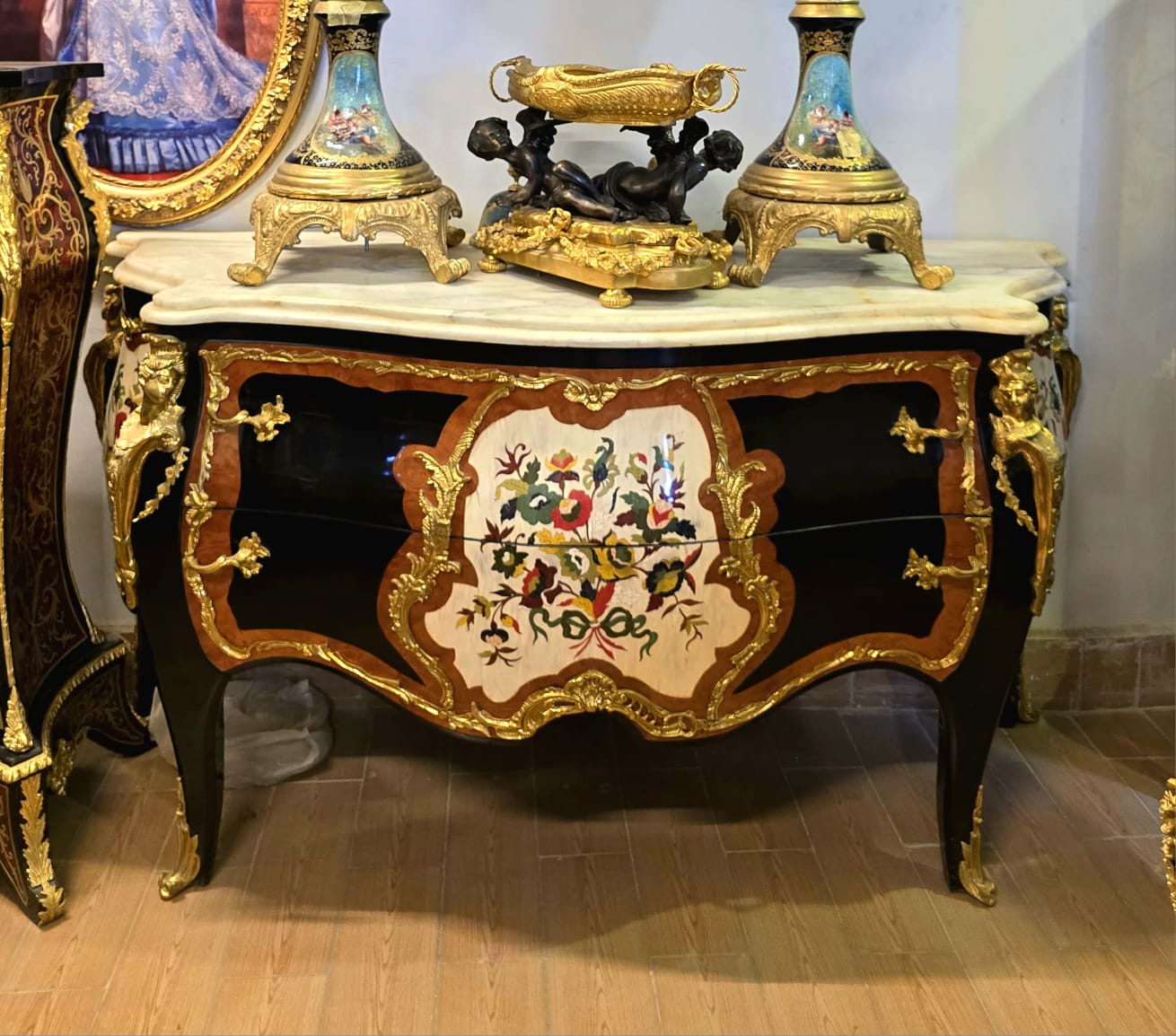 French Louis XV Floral Bombe Chest – Hand-Painted Marquetry, Marble Top & Gilded Details
