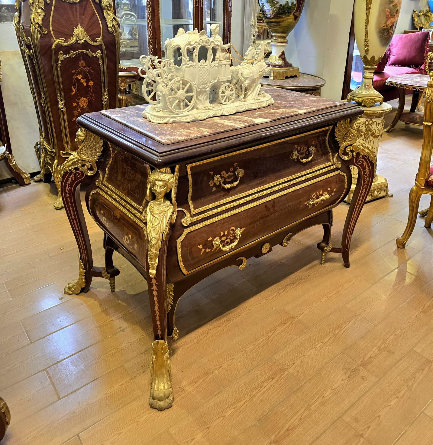 Grand French Empire Commode with Marble Top, Floral Marquetry & Sculptural Gilt Bronze Details