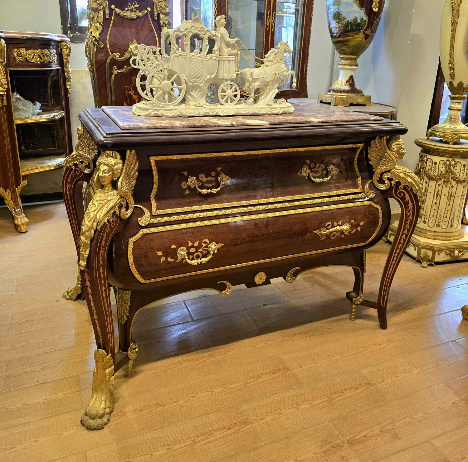 Grand French Empire Commode with Marble Top, Floral Marquetry & Sculptural Gilt Bronze Details