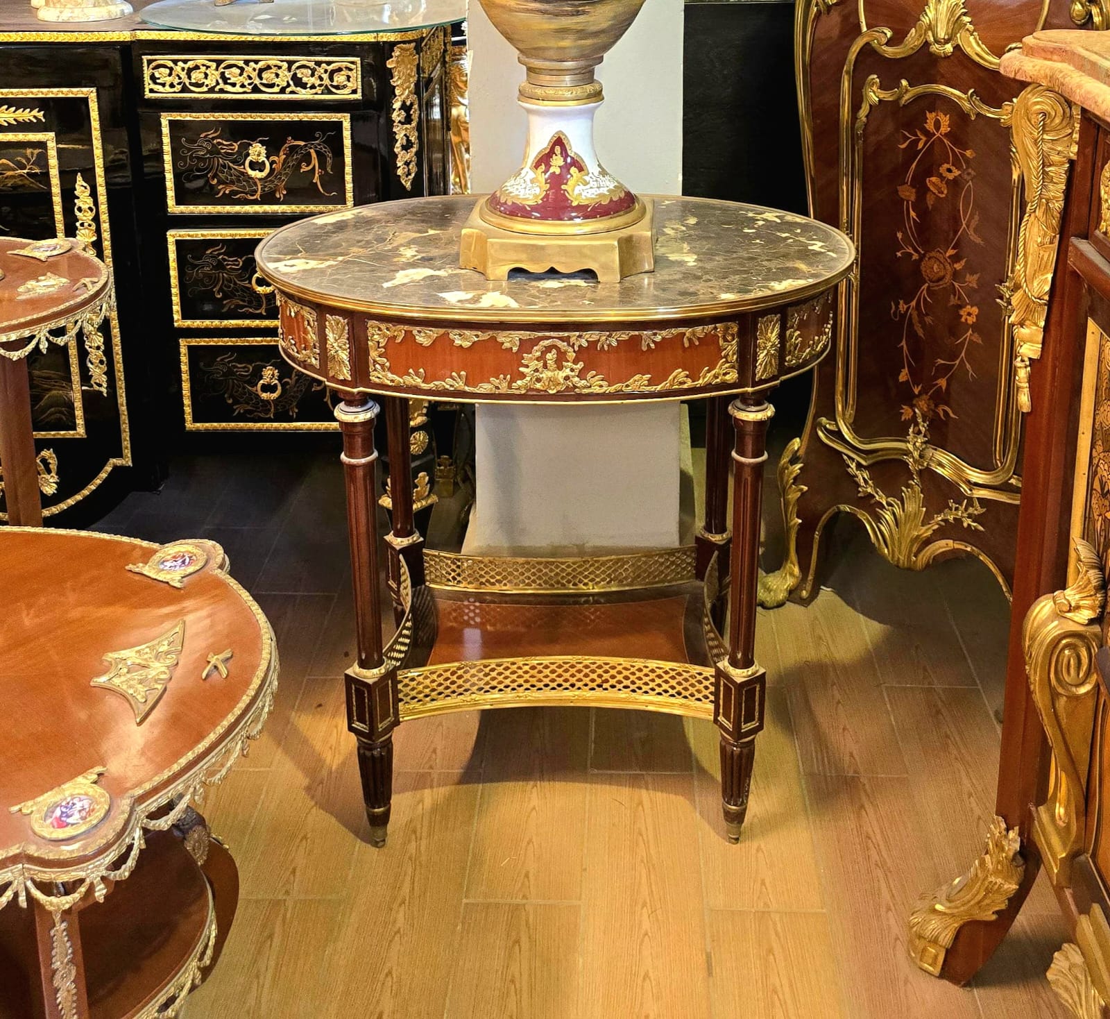 French Louis XVI Oval Coffee Table with Marble Top, Gilded Bronze Ormolu & Ornate Wood Details