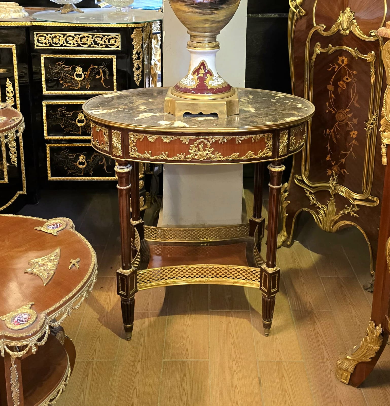 French Louis XVI Oval Coffee Table with Marble Top, Gilded Bronze Ormolu & Ornate Wood Details