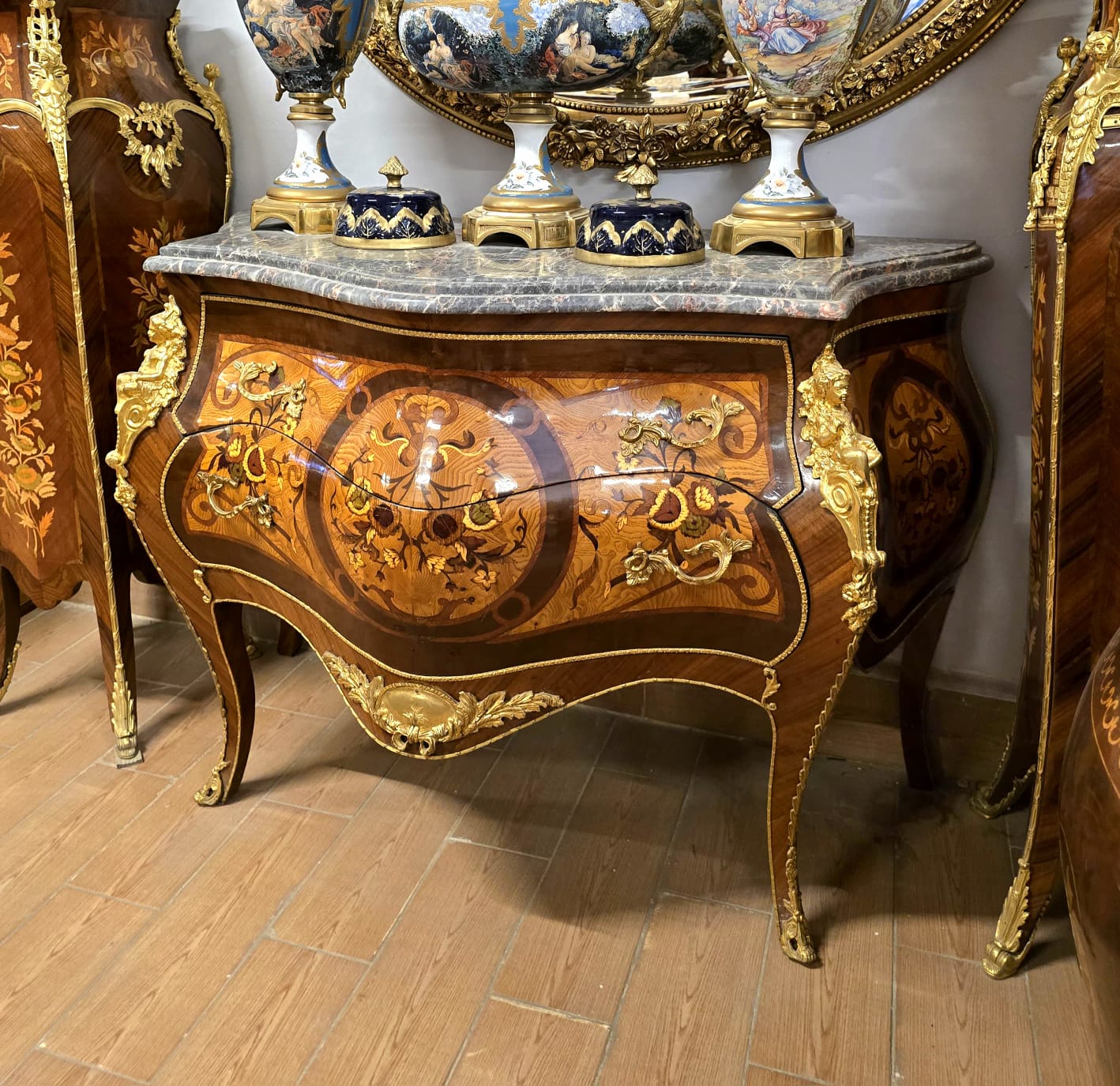 French Louis XV Commode with Floral Marquetry, Marble Top & Ornate Gilt Bronze Mounts