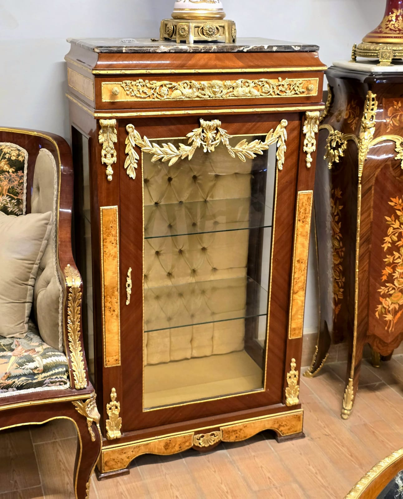 French Empire Display Cabinet – Marble Top, Gilded Bronze & Gold Leaf Details with Velvet Interior