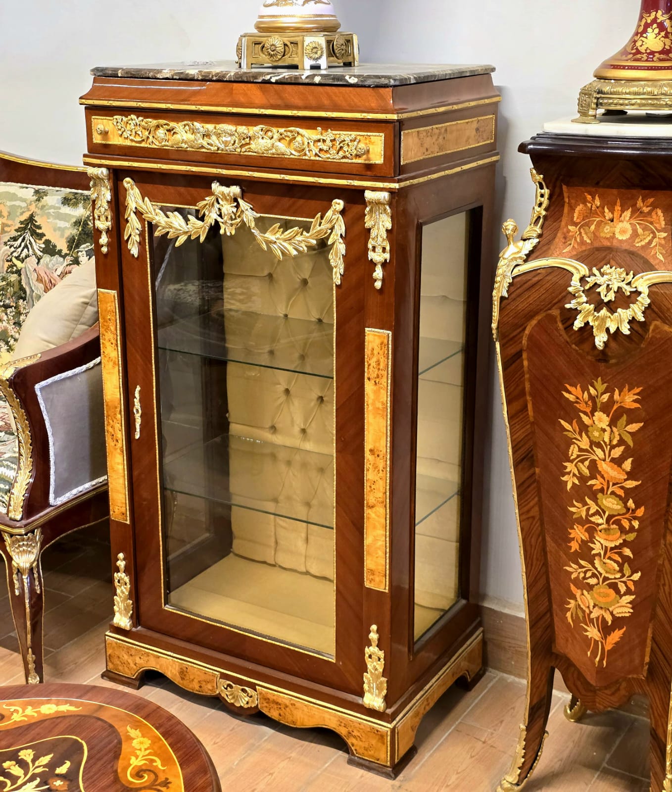 French Empire Display Cabinet – Marble Top, Gilded Bronze & Gold Leaf Details with Velvet Interior