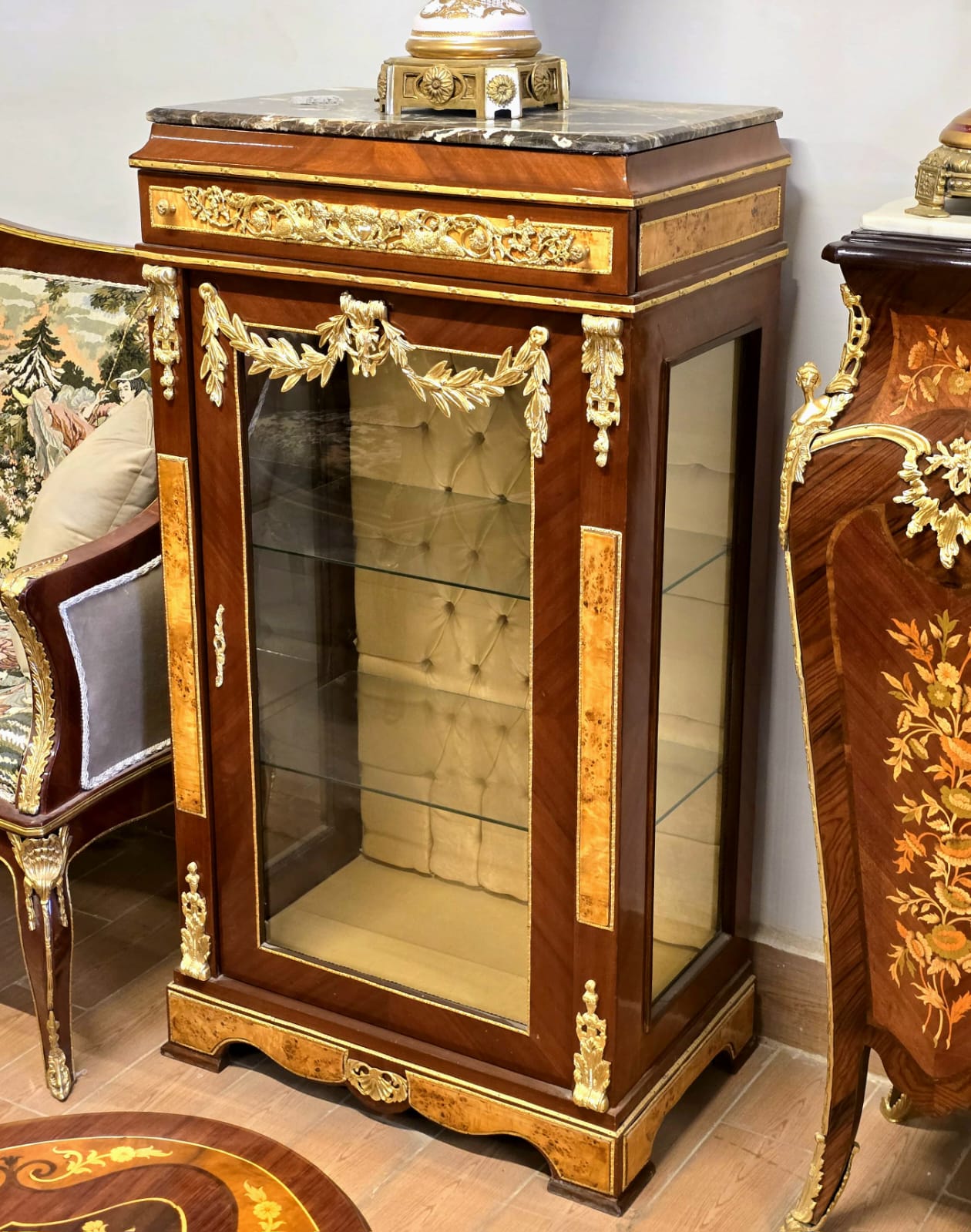 French Empire Display Cabinet – Marble Top, Gilded Bronze & Gold Leaf Details with Velvet Interior