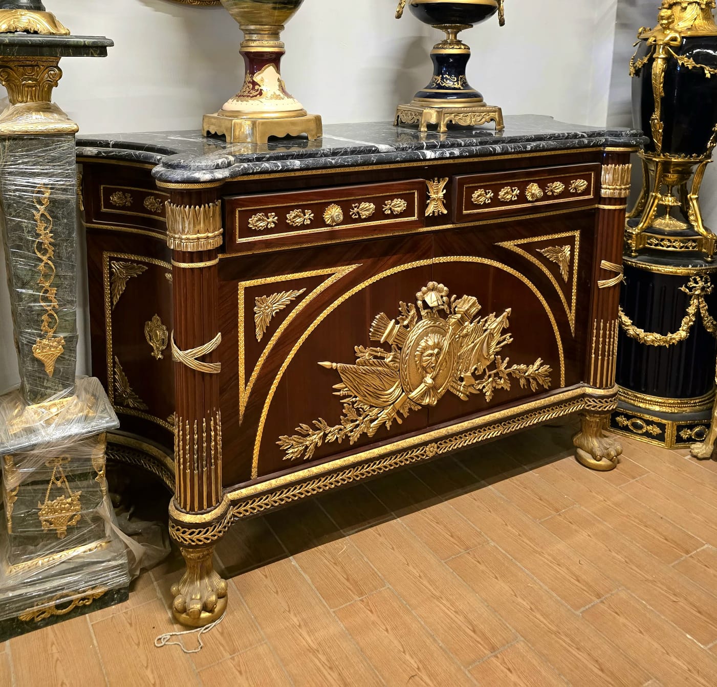 Grand French Louis XV Sideboard with Marble Top, Gilded Bronze Mounts & Gold Leaf