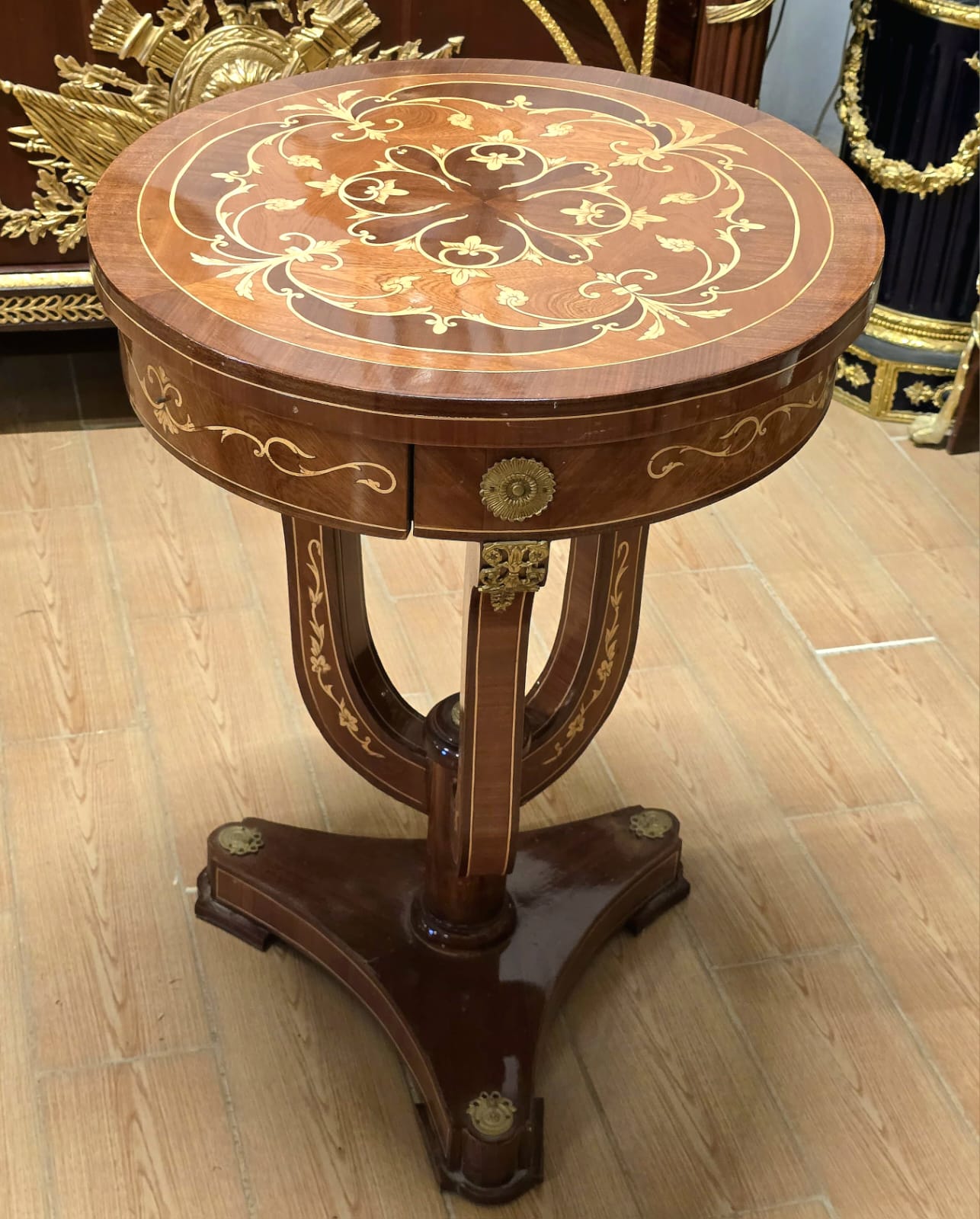 Regal French Empire Round Table with Intricate Marquetry Inlay & Pedestal Base