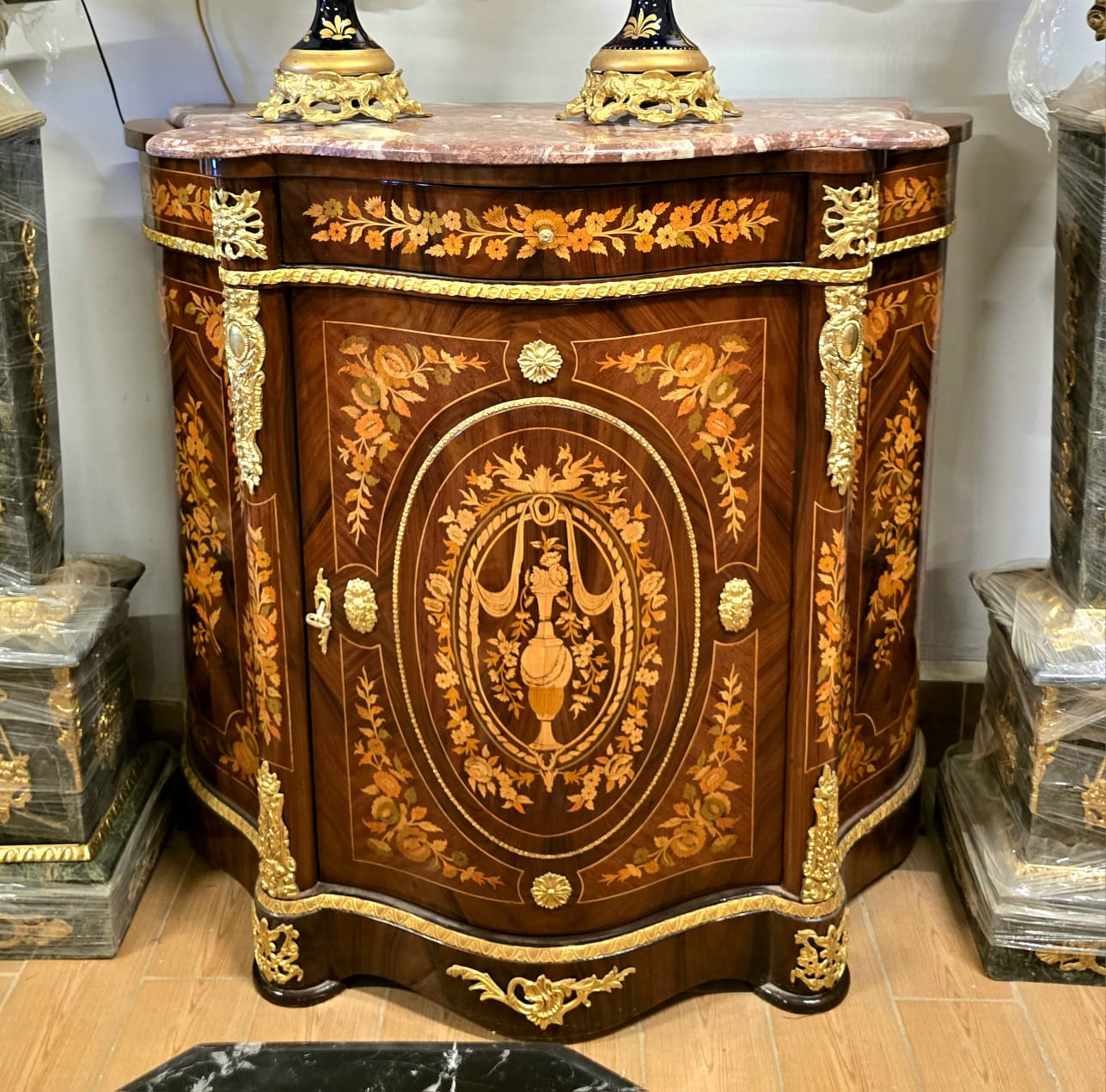 Exquisite French Accent Cabinet with Floral Marquetry, Marble Top & Bronze Mounts