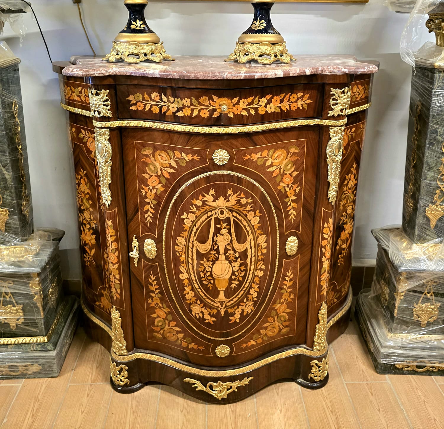 Exquisite French Accent Cabinet with Floral Marquetry, Marble Top & Bronze Mounts