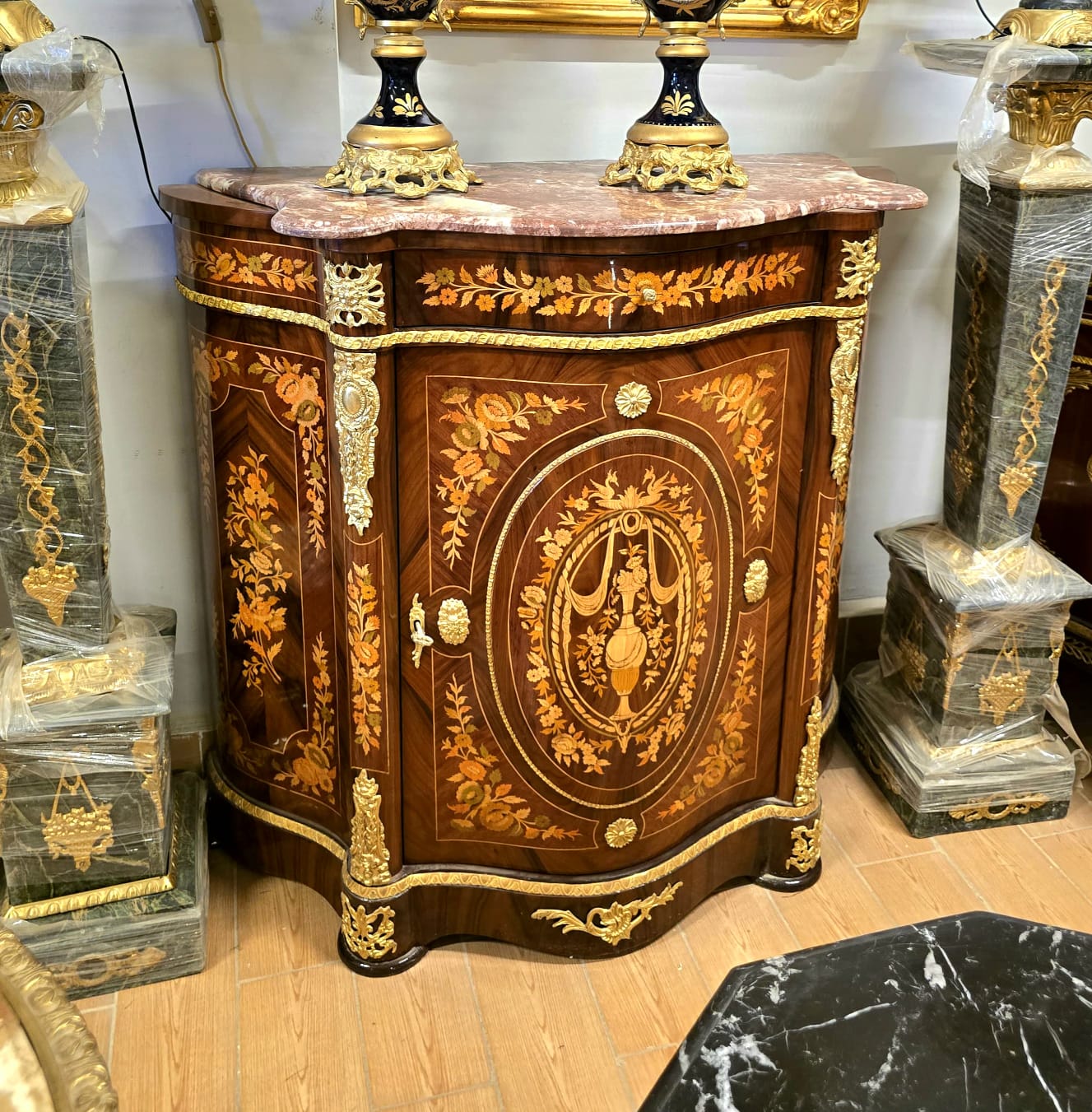 Exquisite French Accent Cabinet with Floral Marquetry, Marble Top & Bronze Mounts