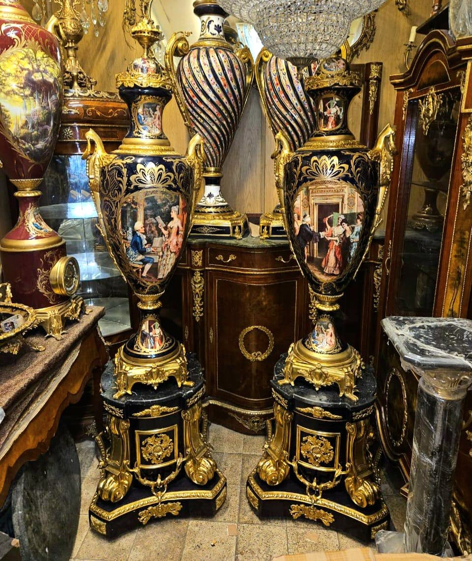 French Sevres-Style Black Porcelain Vase with Pedestal – Victorian Court Scenes & Gilded Details