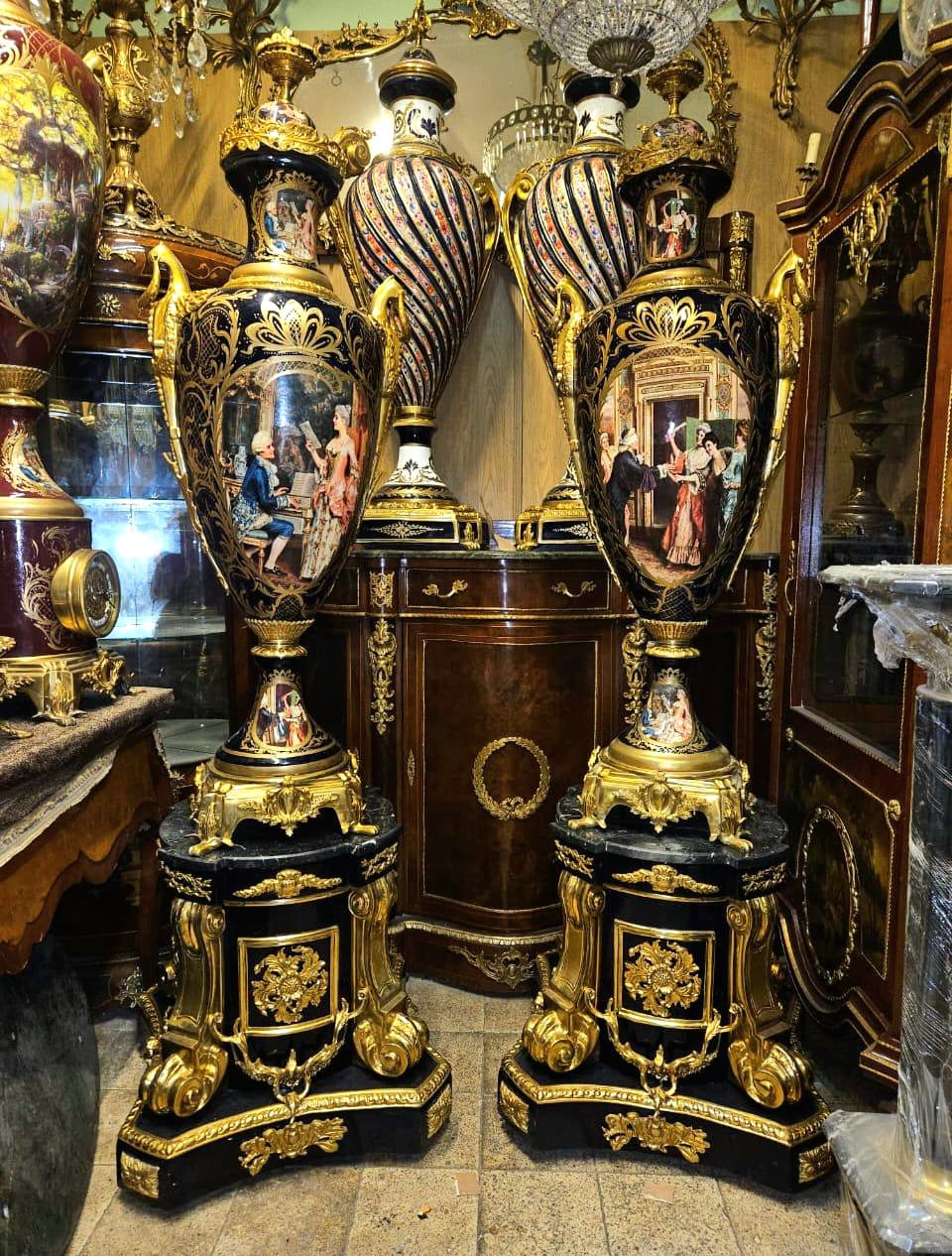 French Sevres-Style Black Porcelain Vase with Pedestal – Victorian Court Scenes & Gilded Details