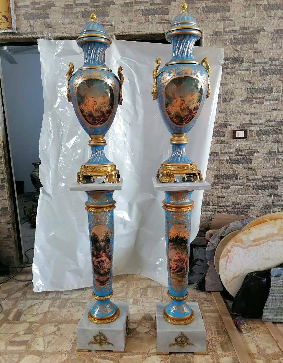 Elegant French Porcelain Vase – Blue & Peach Romantic Scene with Gold Details